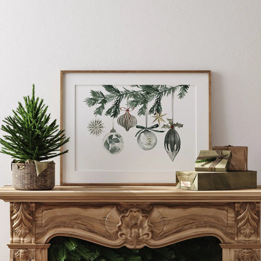 Watercolor Ornaments Christmas Print Art featuring hanging ornaments on a mantel, perfect for festive décor.