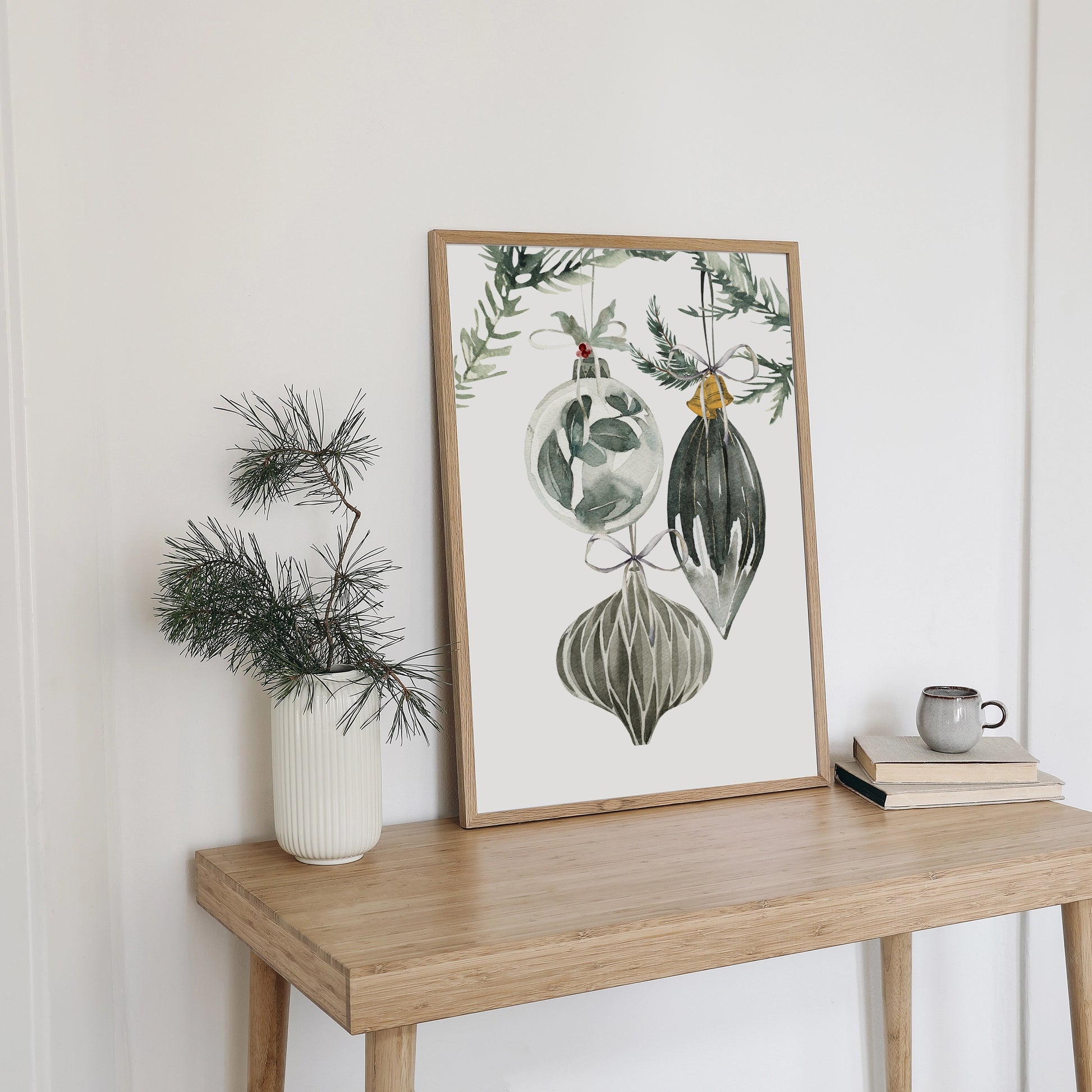 Ornament Christmas art print featuring watercolor ornaments and greenery, perfect for holiday decor and seasonal refresh.