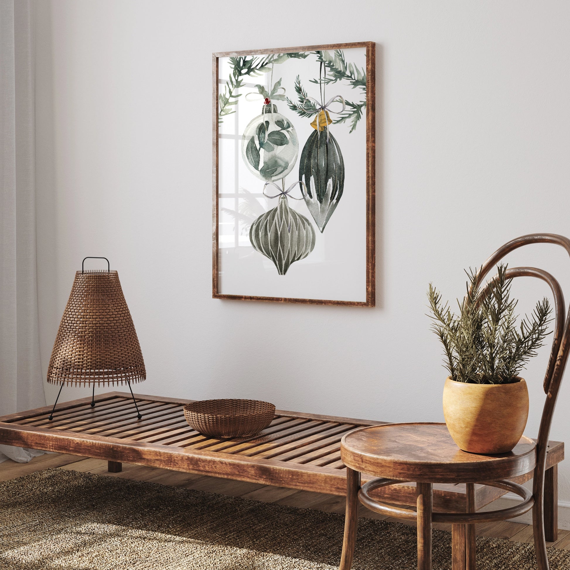 Ornament Christmas art print showcasing watercolor tree ornaments in a stylish room setting.