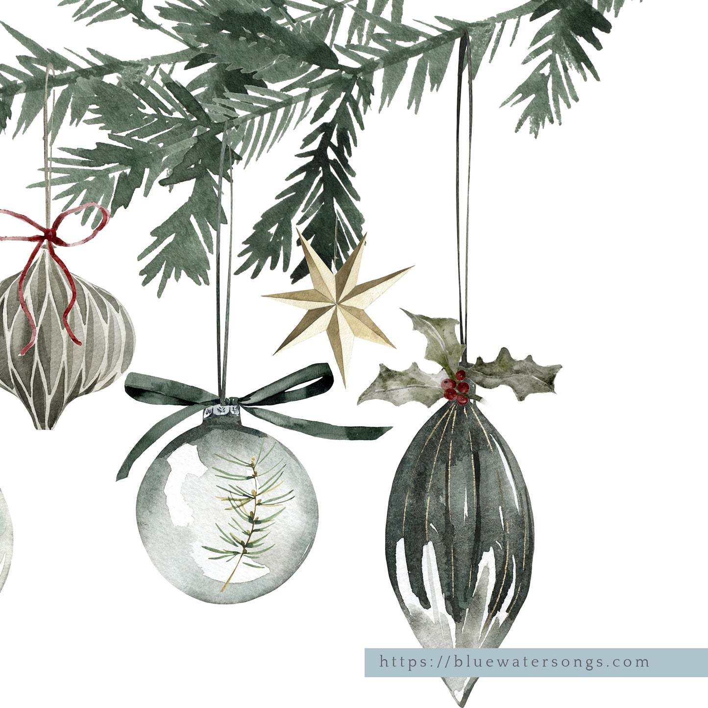 close up of watercolor winter green ornaments print art from Blue Water Songs
