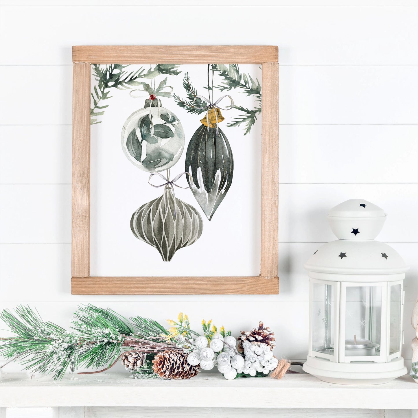 Ornament Christmas art print featuring watercolor tree decorations in a wooden frame, perfect for holiday decor.