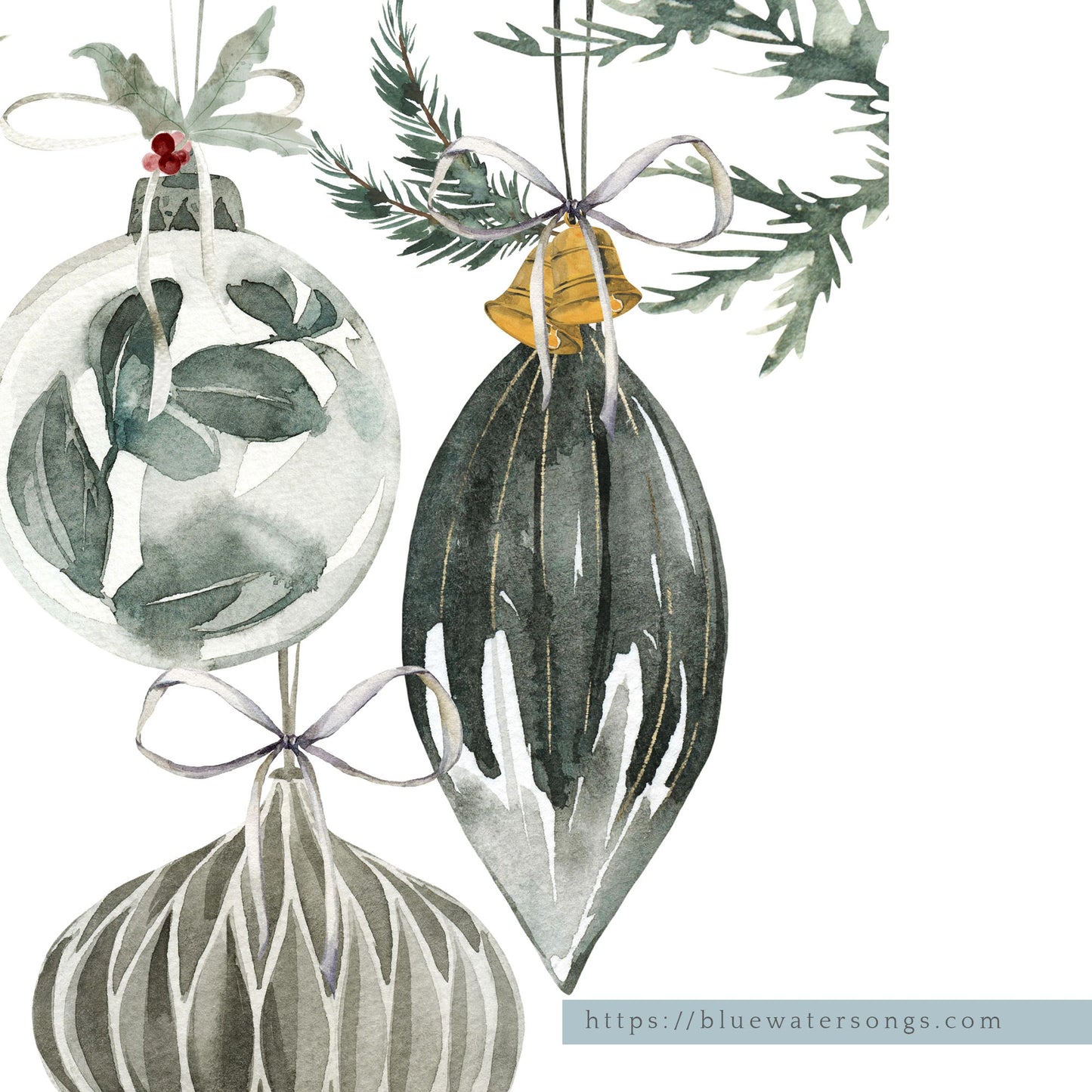 Ornament Christmas art print featuring watercolor Christmas tree ornaments with greenery.