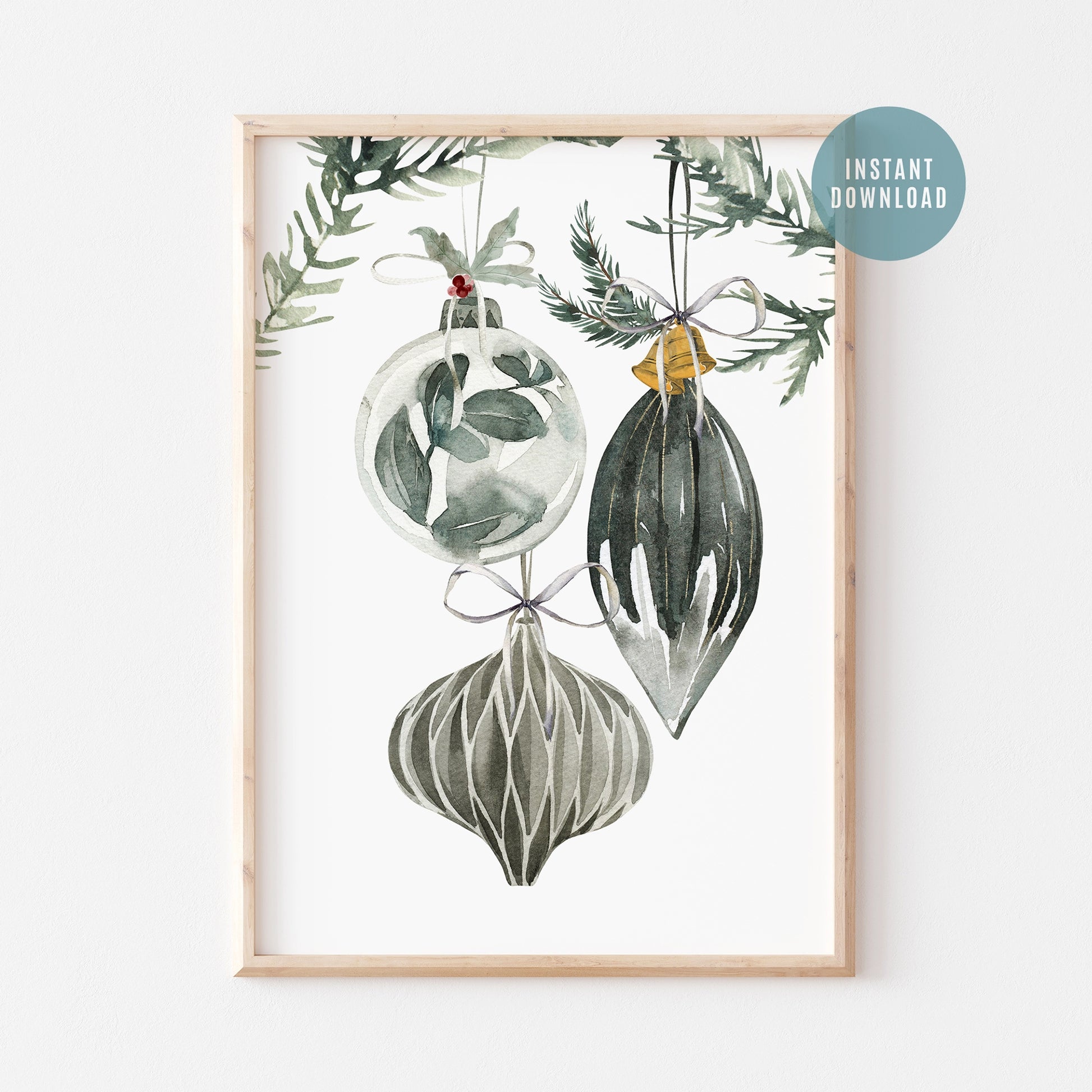 Ornament Christmas art print featuring watercolor tree ornaments and greenery, available as a digital download.