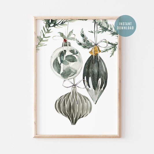 Ornament Christmas art print featuring watercolor tree ornaments and greenery, available as a digital download.