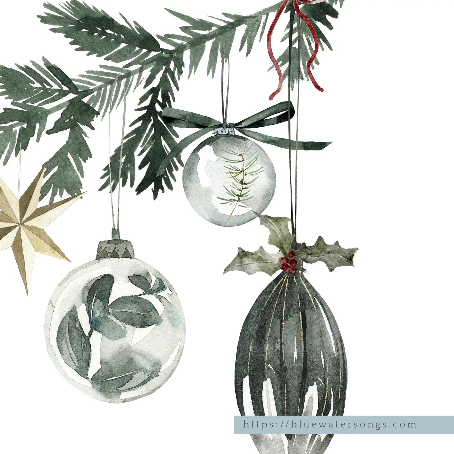 Christmas Ornaments Print Art featuring watercolor ornaments and greenery for a festive decor.