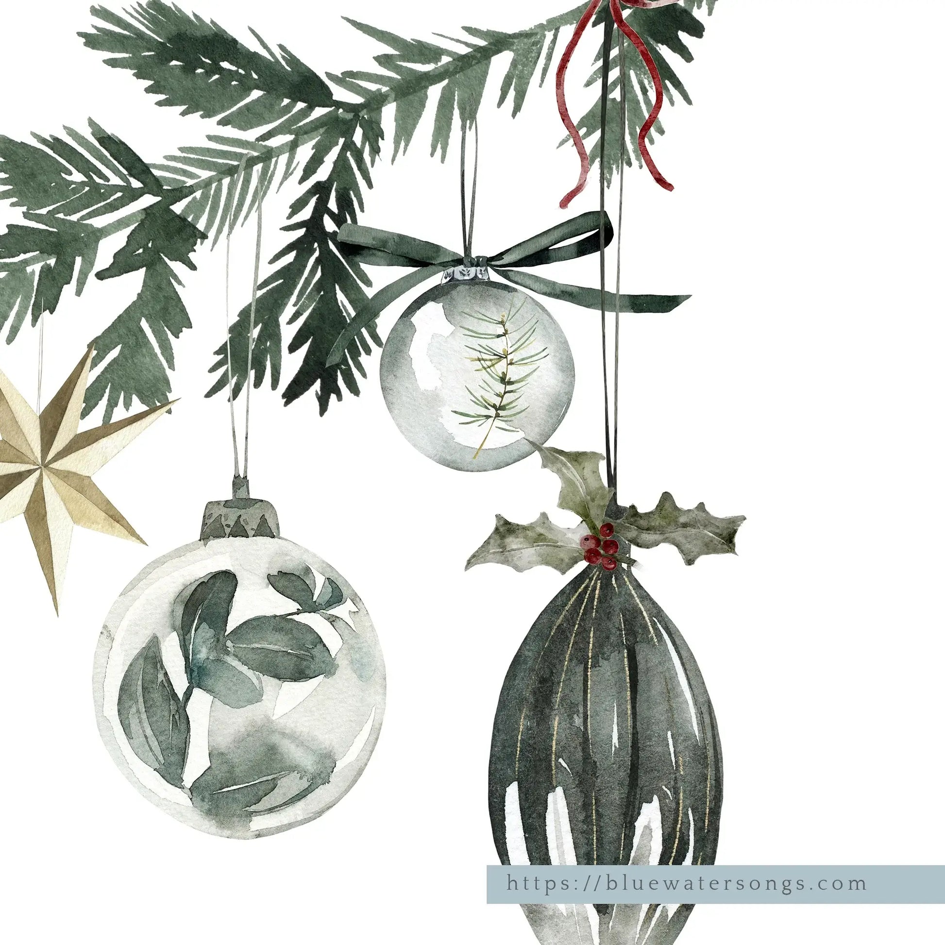 Christmas Ornaments Print Art featuring watercolor ornaments and greenery for a festive decor.