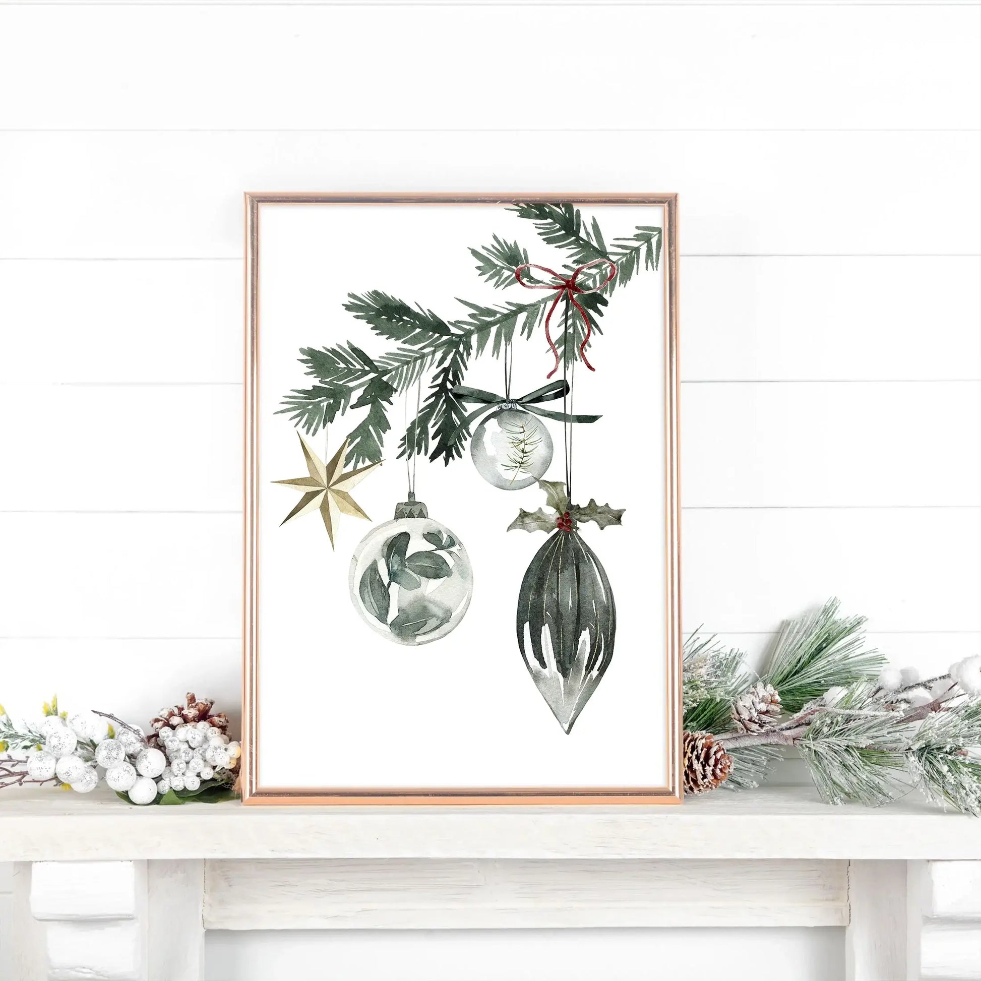 Christmas Ornaments Print Art featuring watercolor ornaments and evergreen branches in a stylish frame.