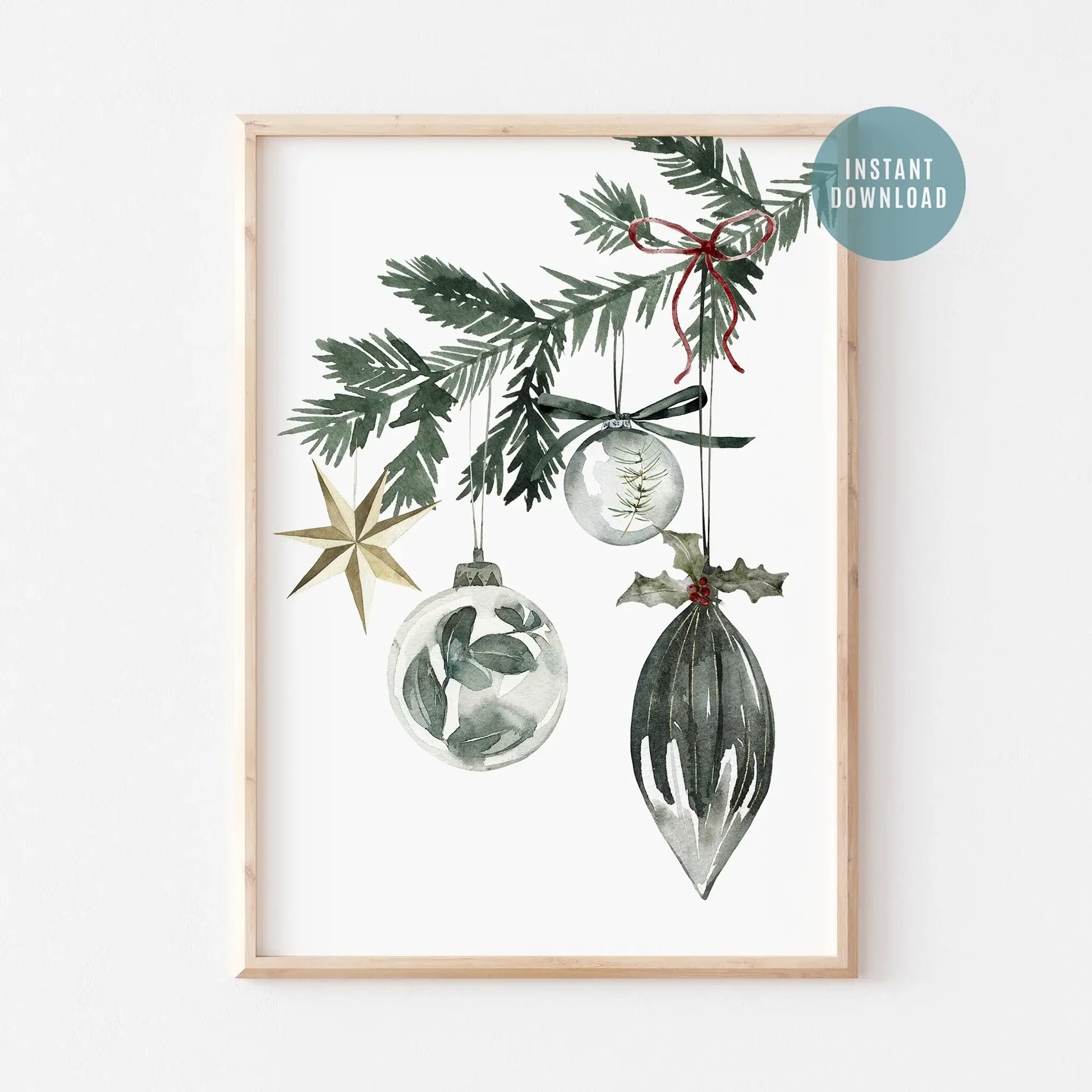 Christmas Ornaments Print Art - Watercolor Christmas tree ornaments artwork featuring greenery, available as a digital download.