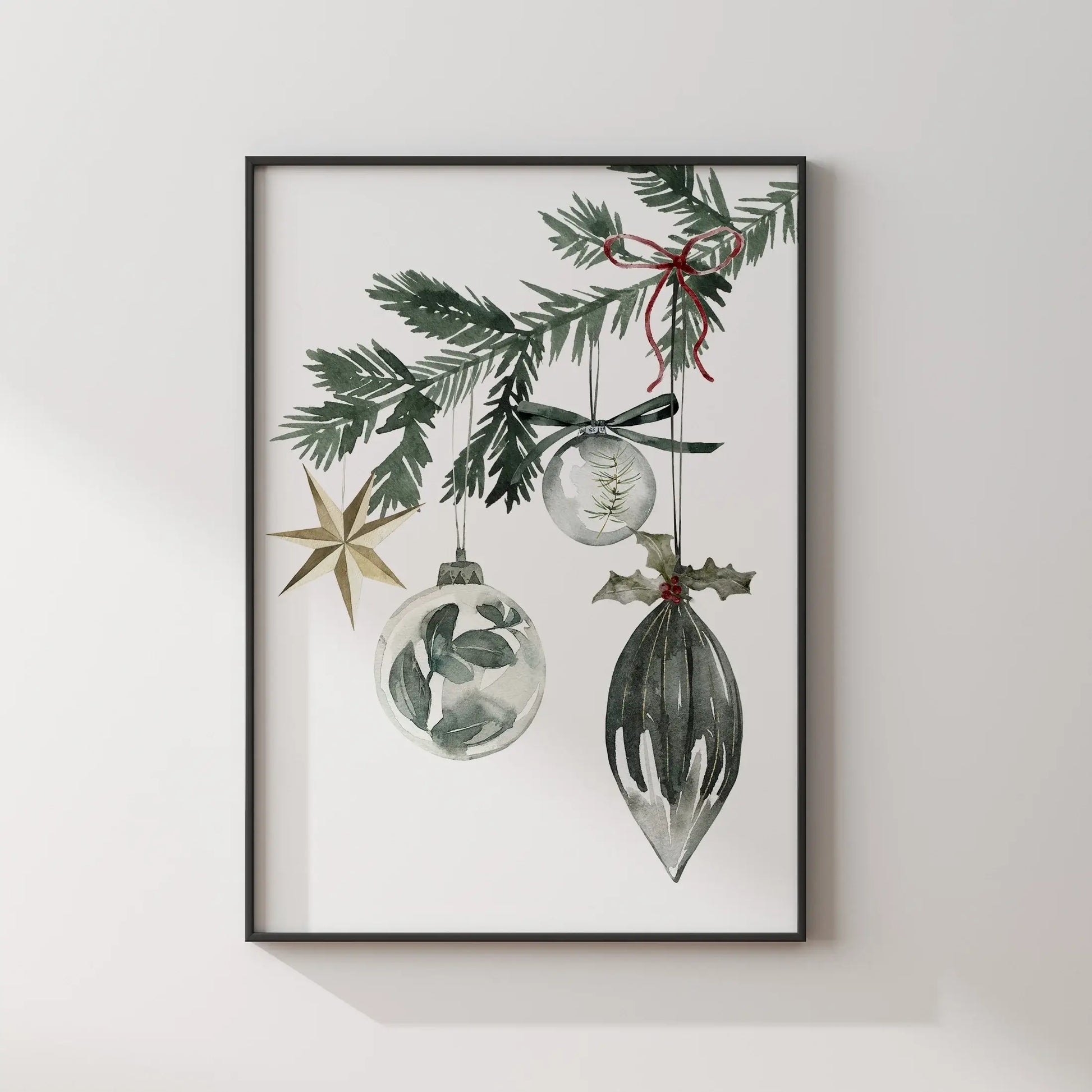 Christmas Ornaments Print Art featuring watercolor ornaments hanging from a pine branch in a framed print.