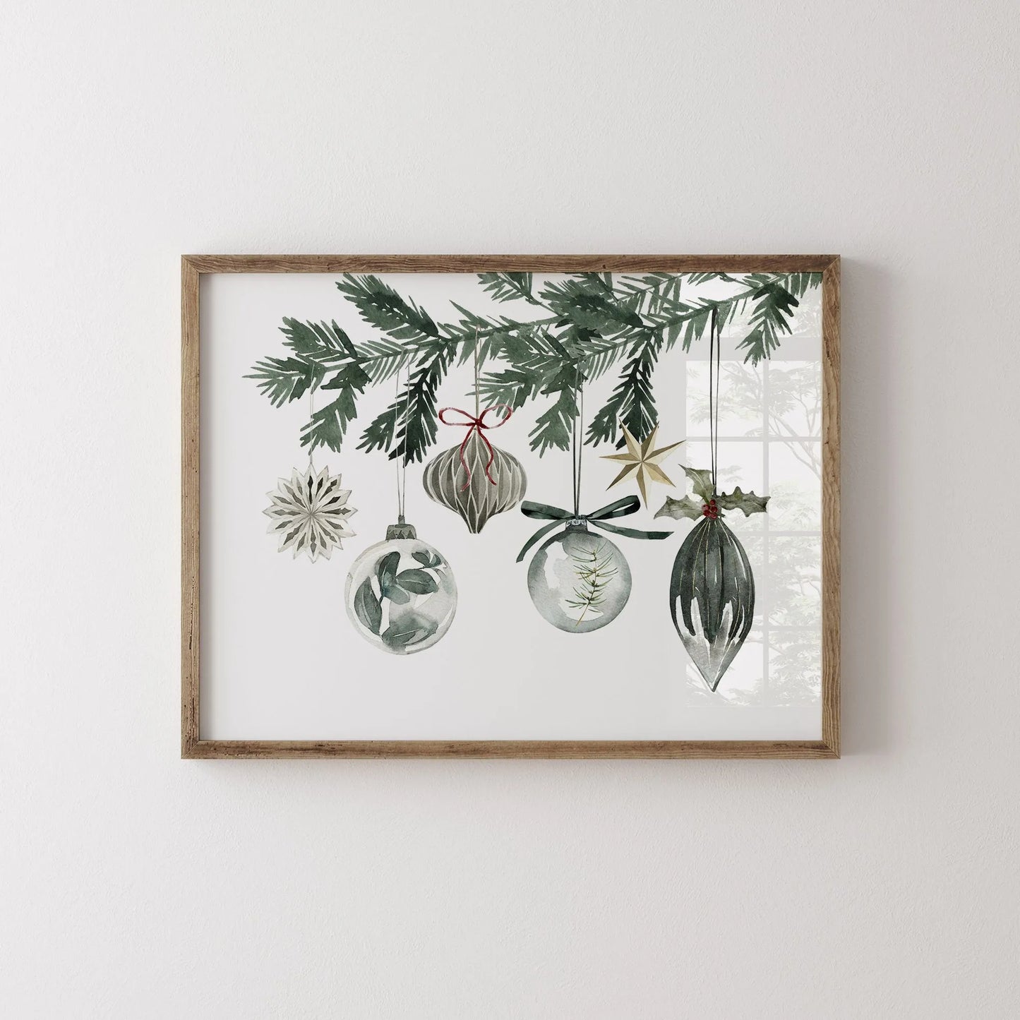winter green ornaments poster from Blue Water Songs hanging on white wall