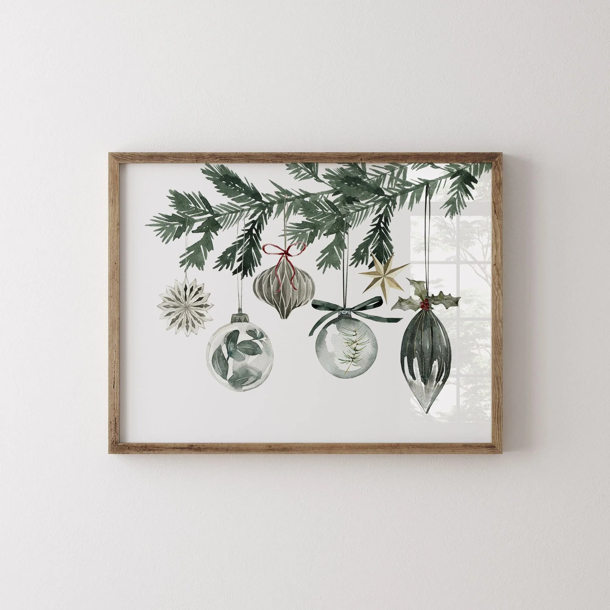 winter green ornaments poster from Blue Water Songs hanging on white wall
