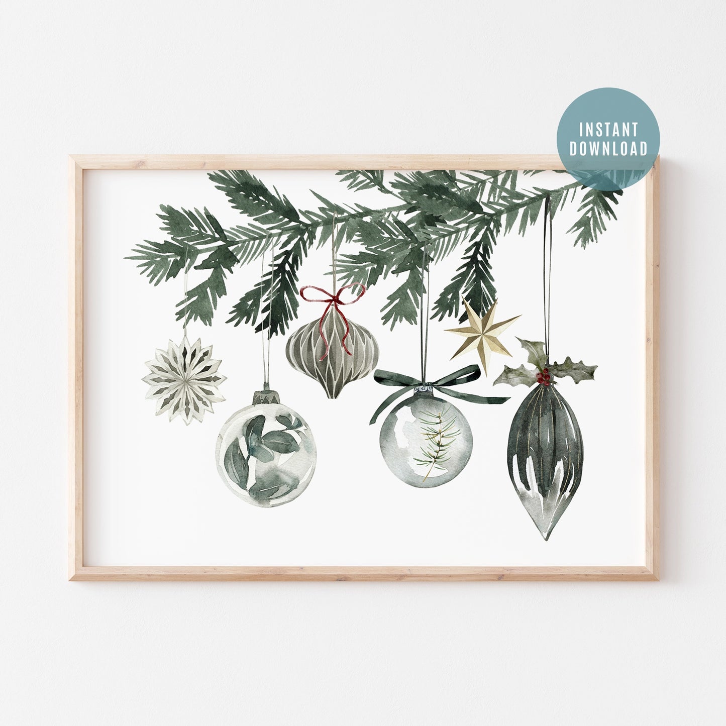 Watercolor Ornaments christmas print art featuring festive ornaments hanging from a pine branch in soft colors.