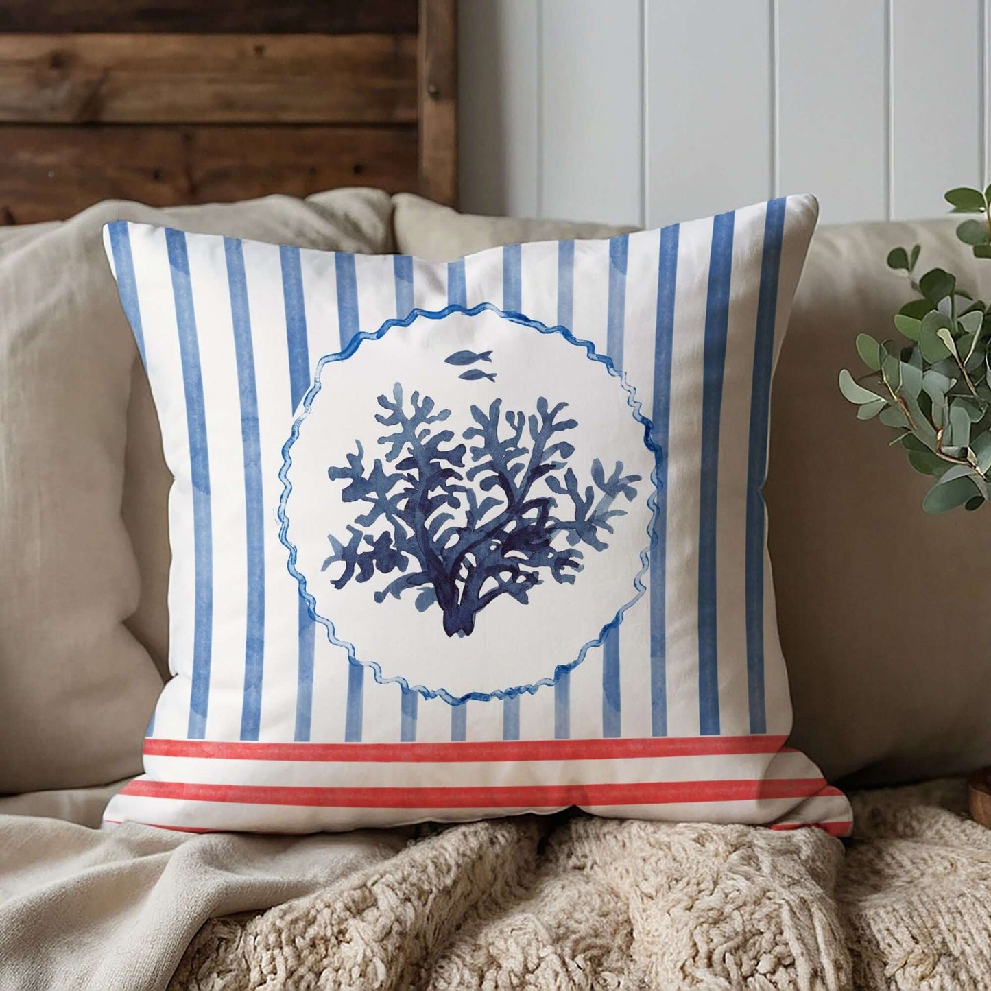 Watercolor Coral and Coastal Stripes Pillow and Cover with blue coral and coastal stripes design.
