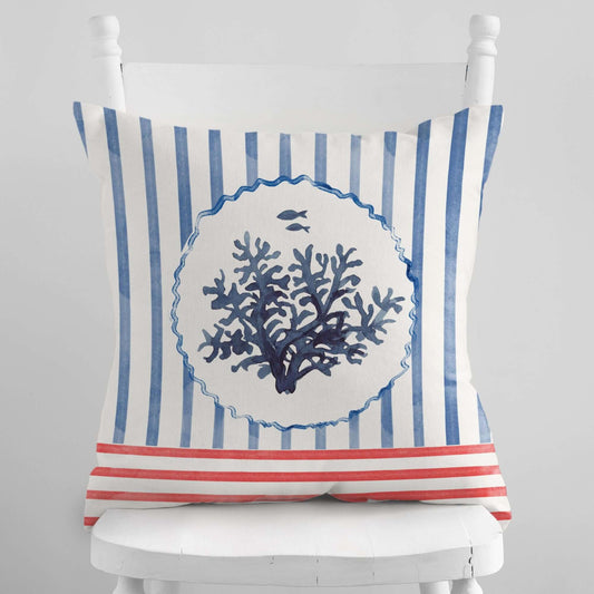 Watercolor Coral and Coastal Stripes Pillow and Cover featuring blue coral and coastal stripes on a white background.
