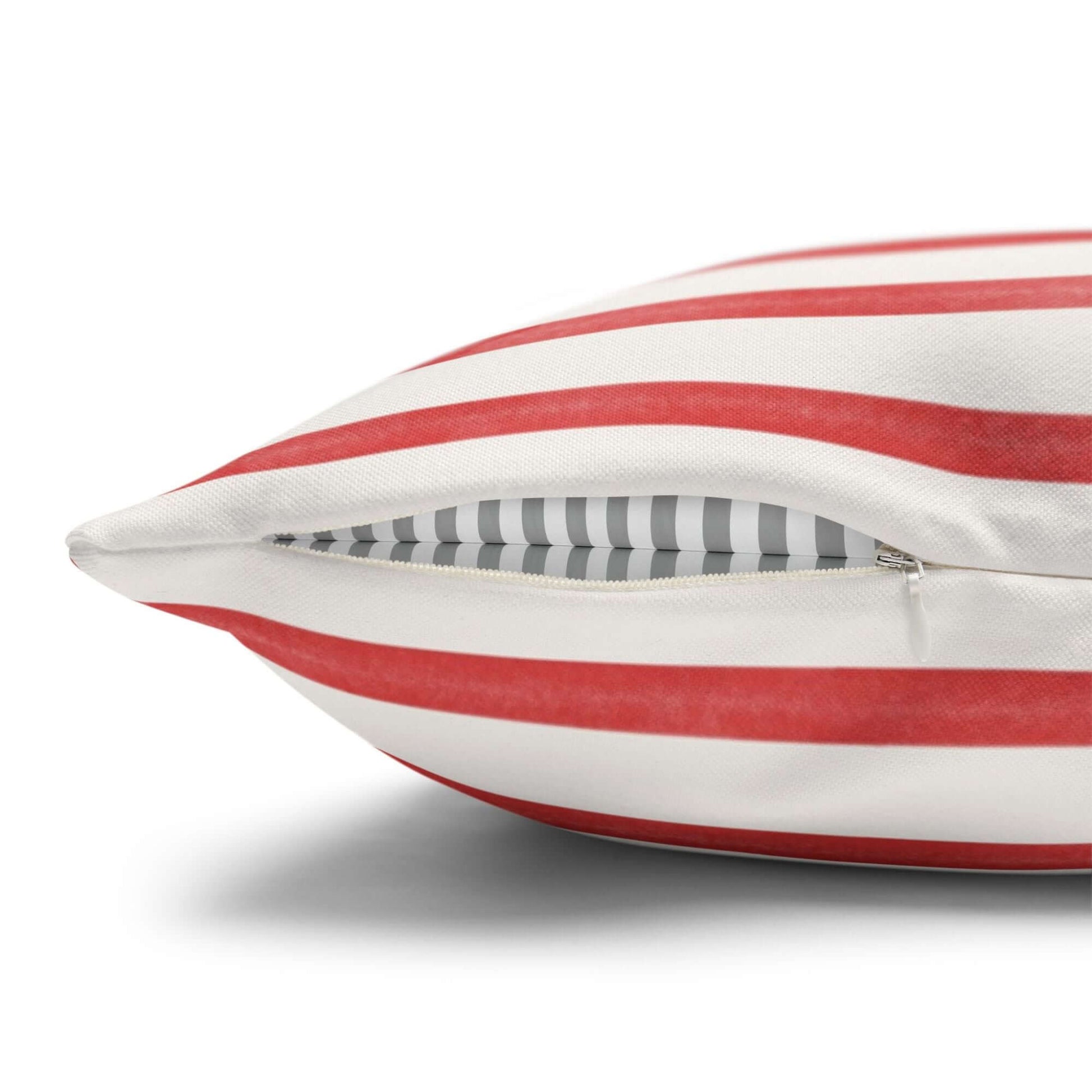 Watercolor Coral and Coastal Stripes Pillow and Cover with red and white striped pattern and zipper detail.