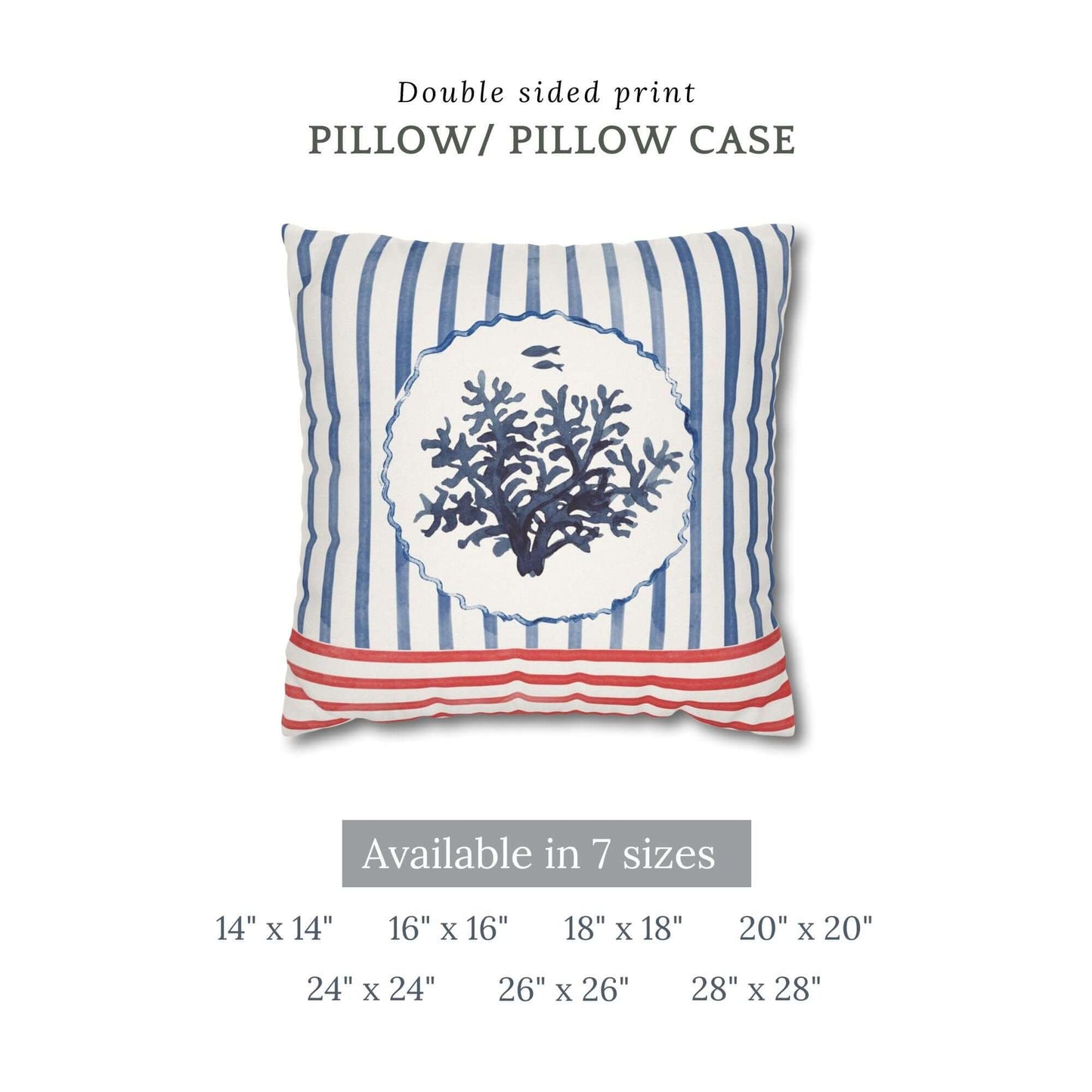 Watercolor Coral and Coastal Stripes Pillow and Cover with blue coral and stripes design, available in 7 sizes.