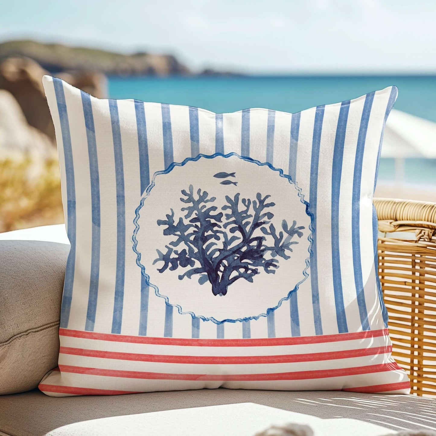 Watercolor Coral and Coastal Stripes Pillow and Cover with blue coral and striped design, perfect for coastal decor.