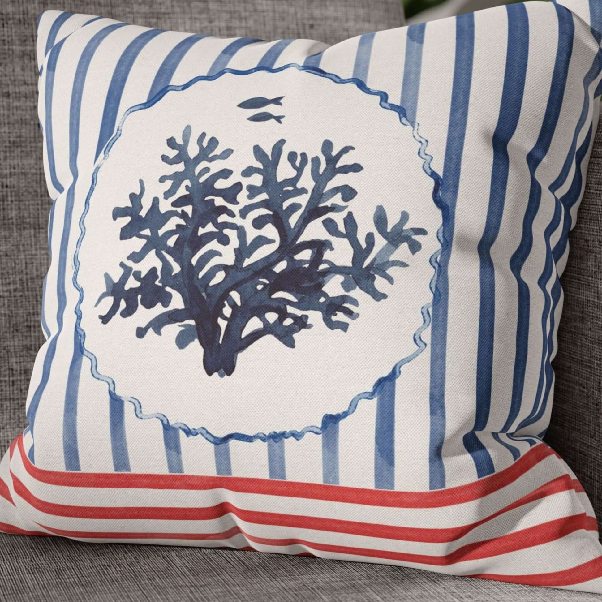 Watercolor Coral and Coastal Stripes Pillow and Cover featuring blue coral and coastal stripes design.