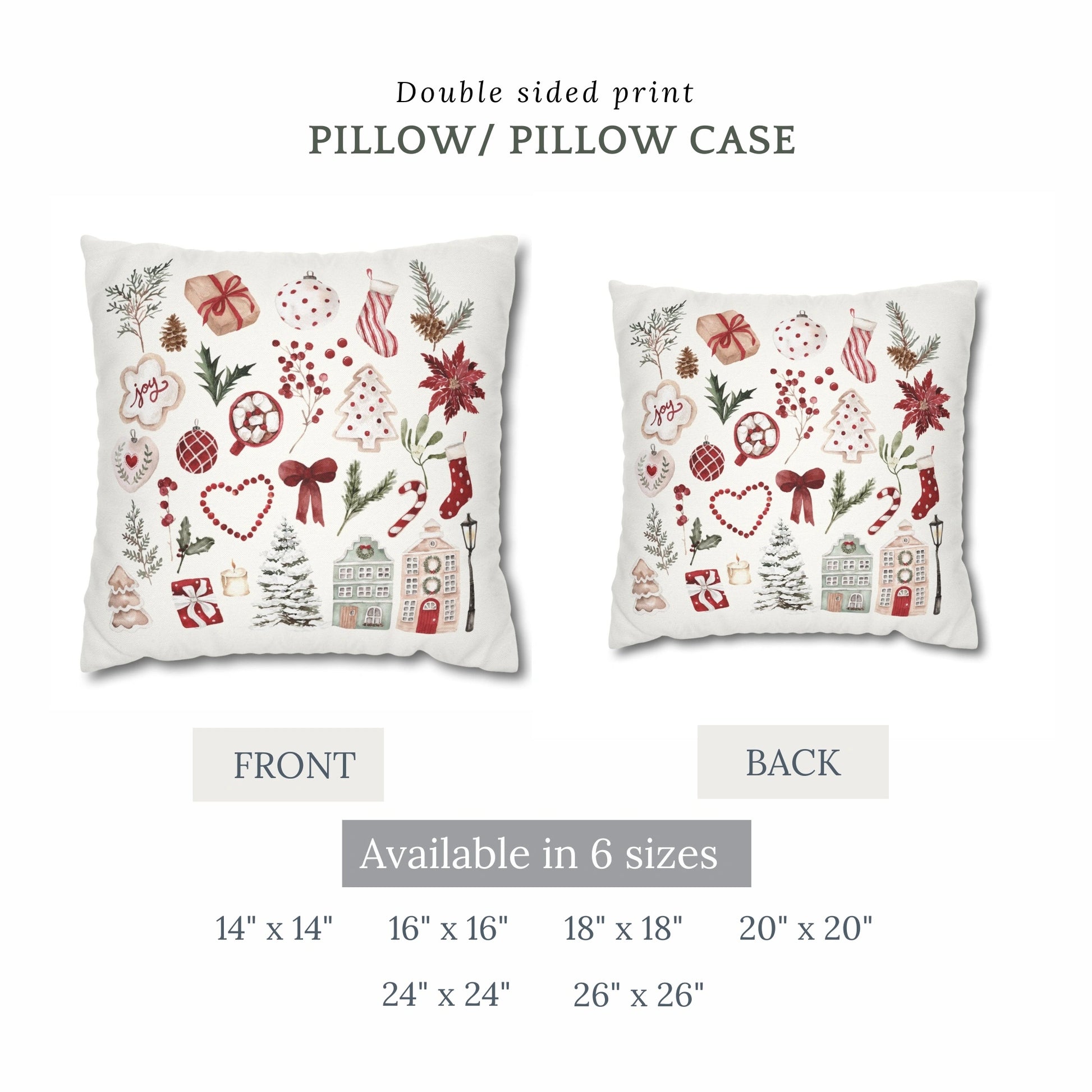 Watercolor Christmas pillow cover front and back – double-sided print with red and green festive designs, available in multiple sizes.