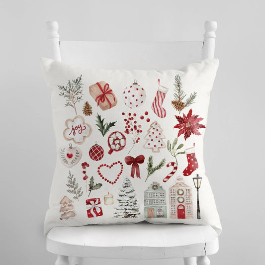 Watercolor Christmas pillow cover with red and green holiday motifs – poinsettia, pine, gifts, and ornaments.