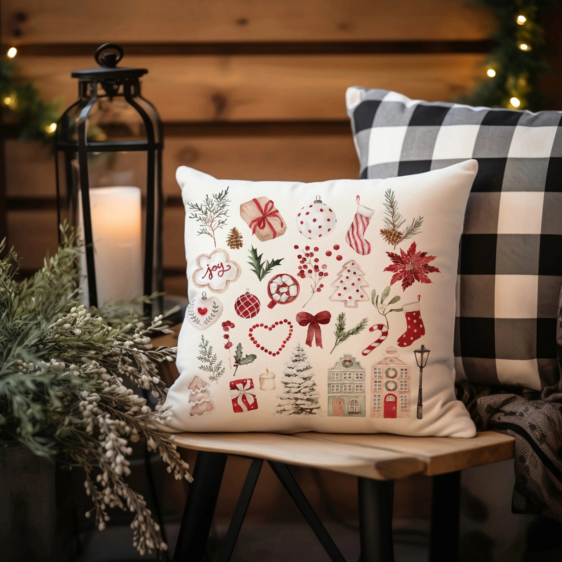 Watercolor Christmas pillow cover in cozy cabin setting – festive red and green design with pine, poinsettia, and holiday house print.