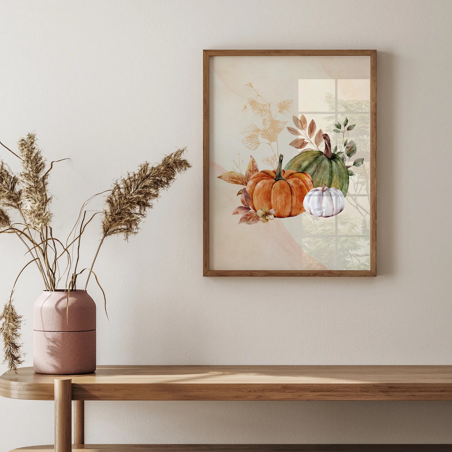 Watercolor Fall Pumpkin wall art from Blue Water Songs hanging on wall