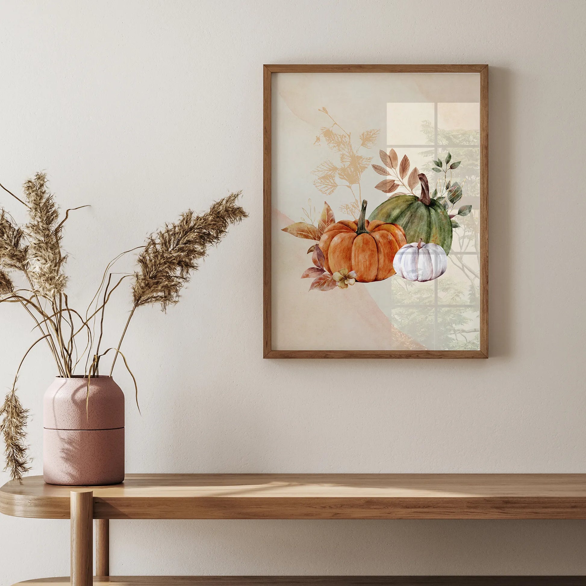 Watercolor Fall Pumpkin wall art from Blue Water Songs hanging on wall