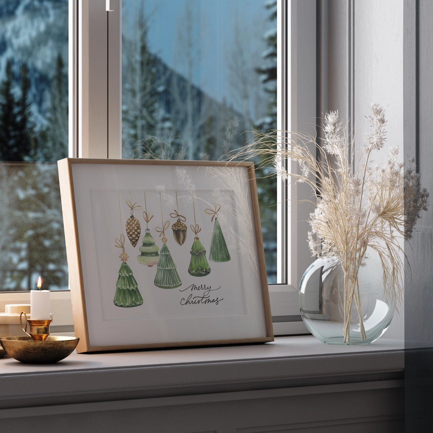 Watercolor Christmas Ornaments Art print from Blue Water Songs next to the window