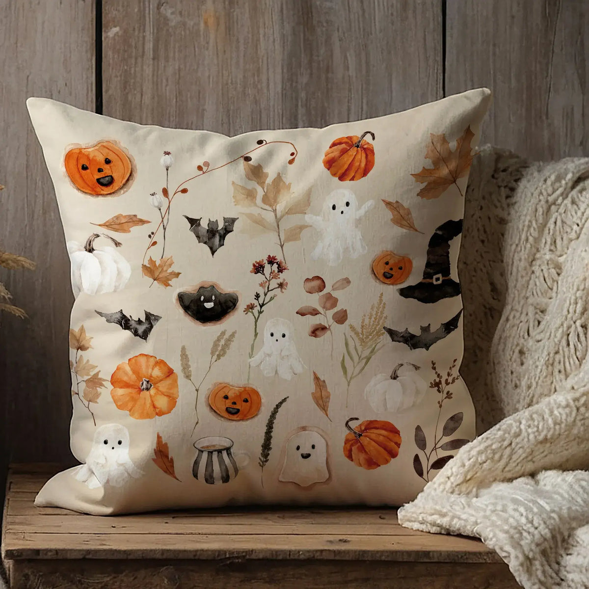 autumn decor with Watercolor Halloween Pillow Covers from Blue Water Songs 