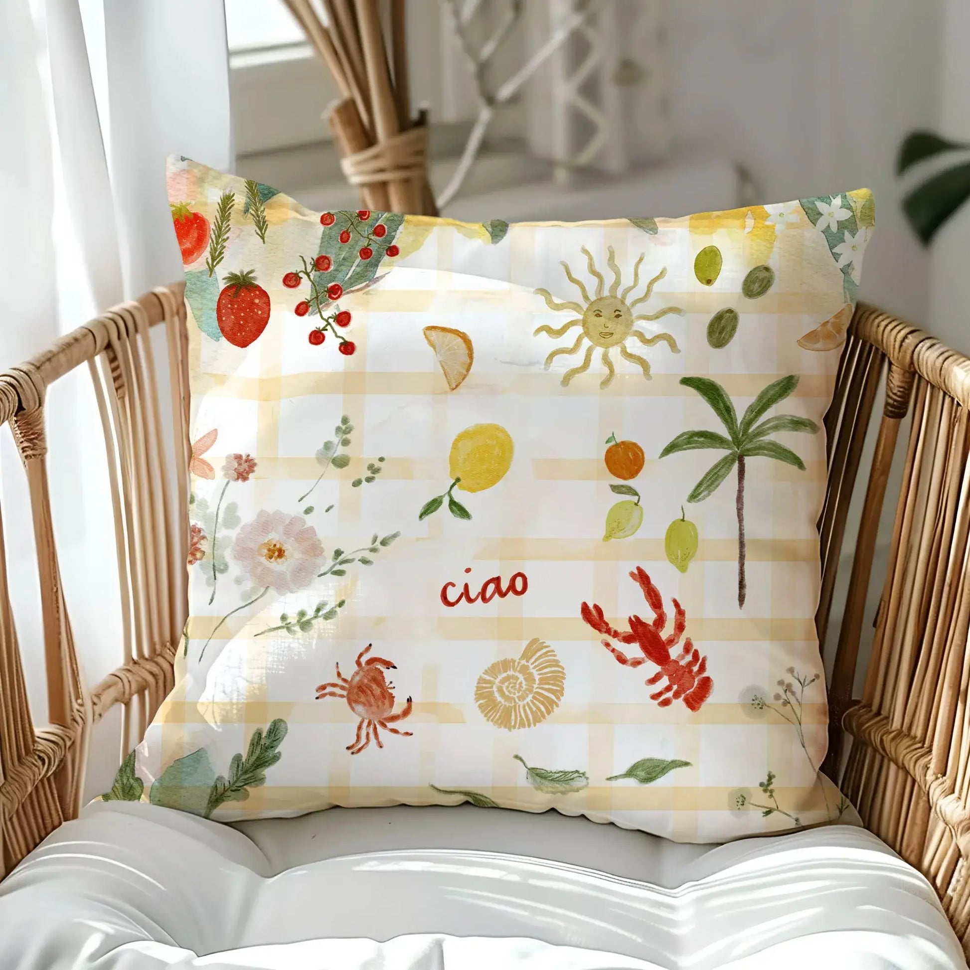 Watercolor Mediterranean Coastal PILLOW & COVER with hand-painted illustrations of lemons, strawberries, crabs, and palm trees.