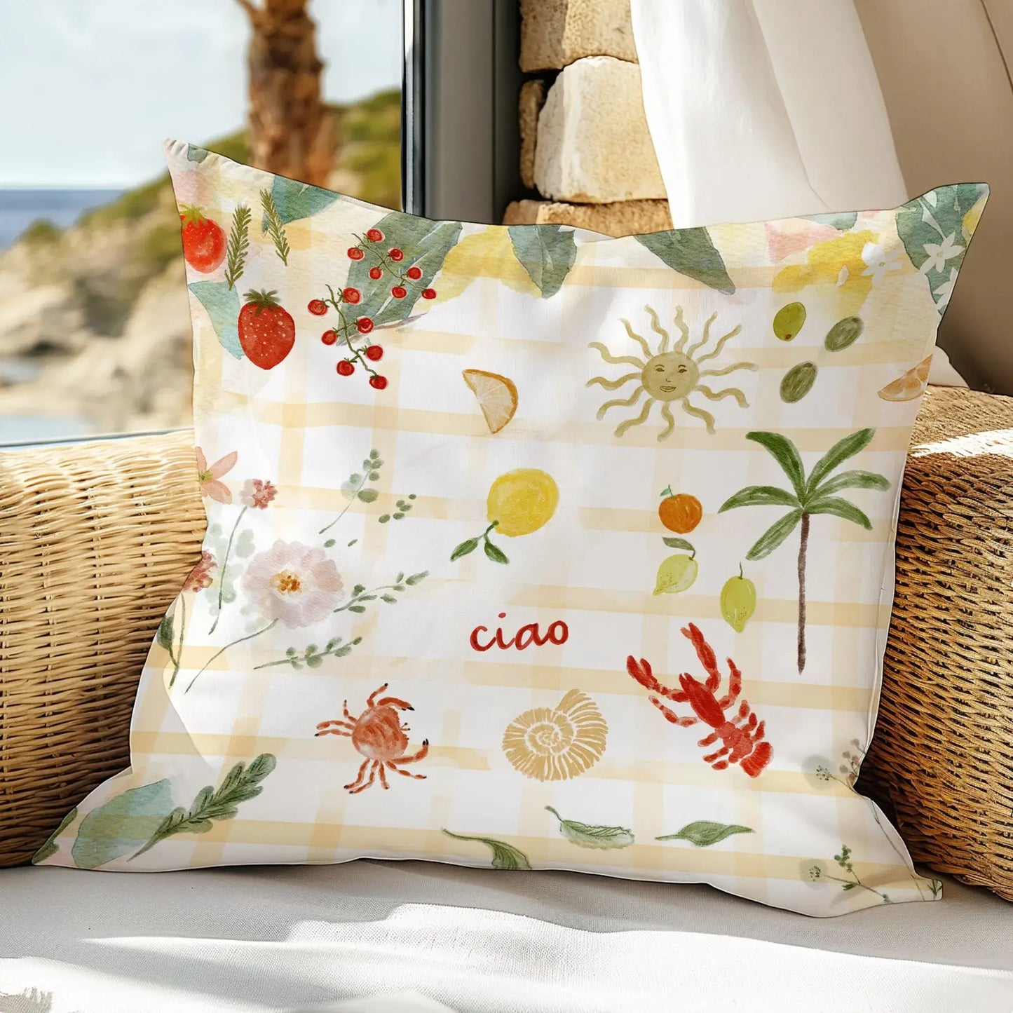 Watercolor Mediterranean Coastal PILLOW & COVER featuring hand-painted illustrations of coastal elements and a cheerful 'ciao' greeting.
