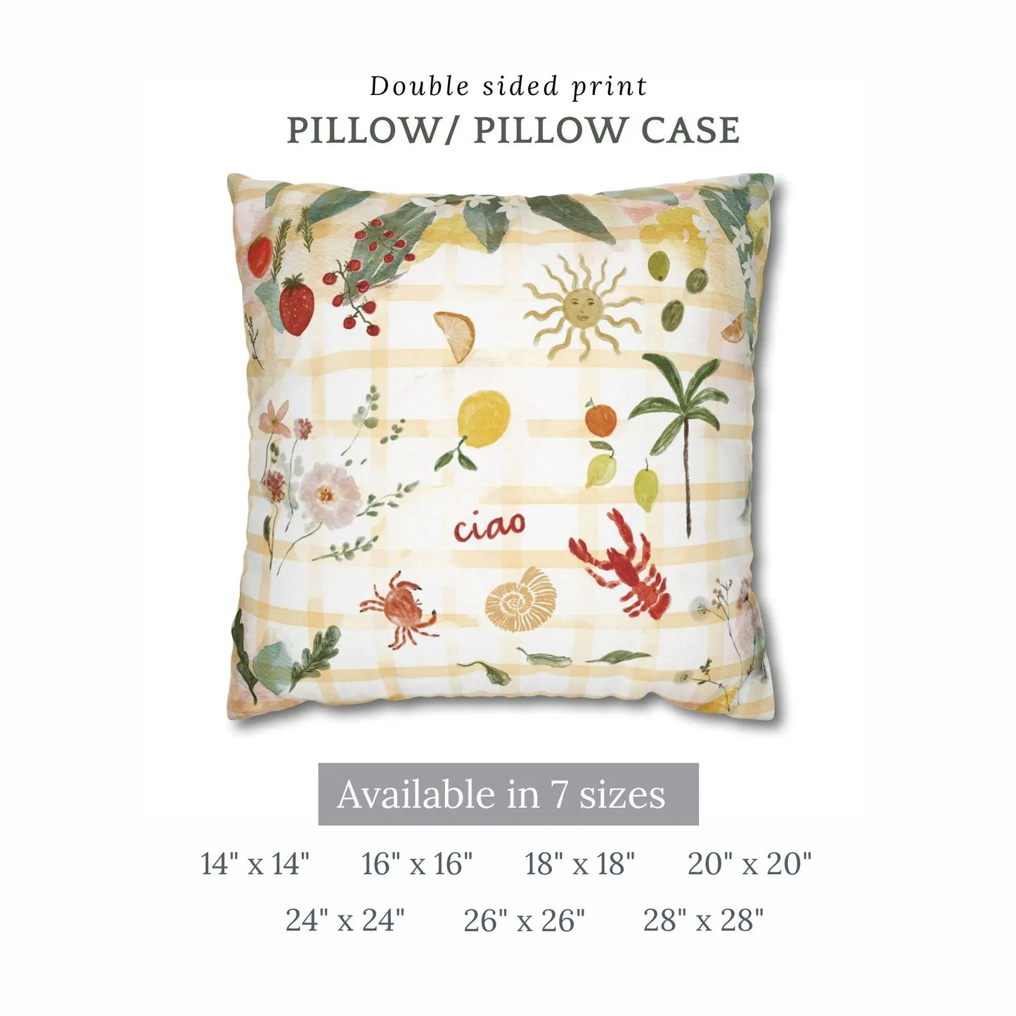 Watercolor Mediterranean Coastal PILLOW & COVER with vibrant illustrations of fruits and seashells on a double-sided print.