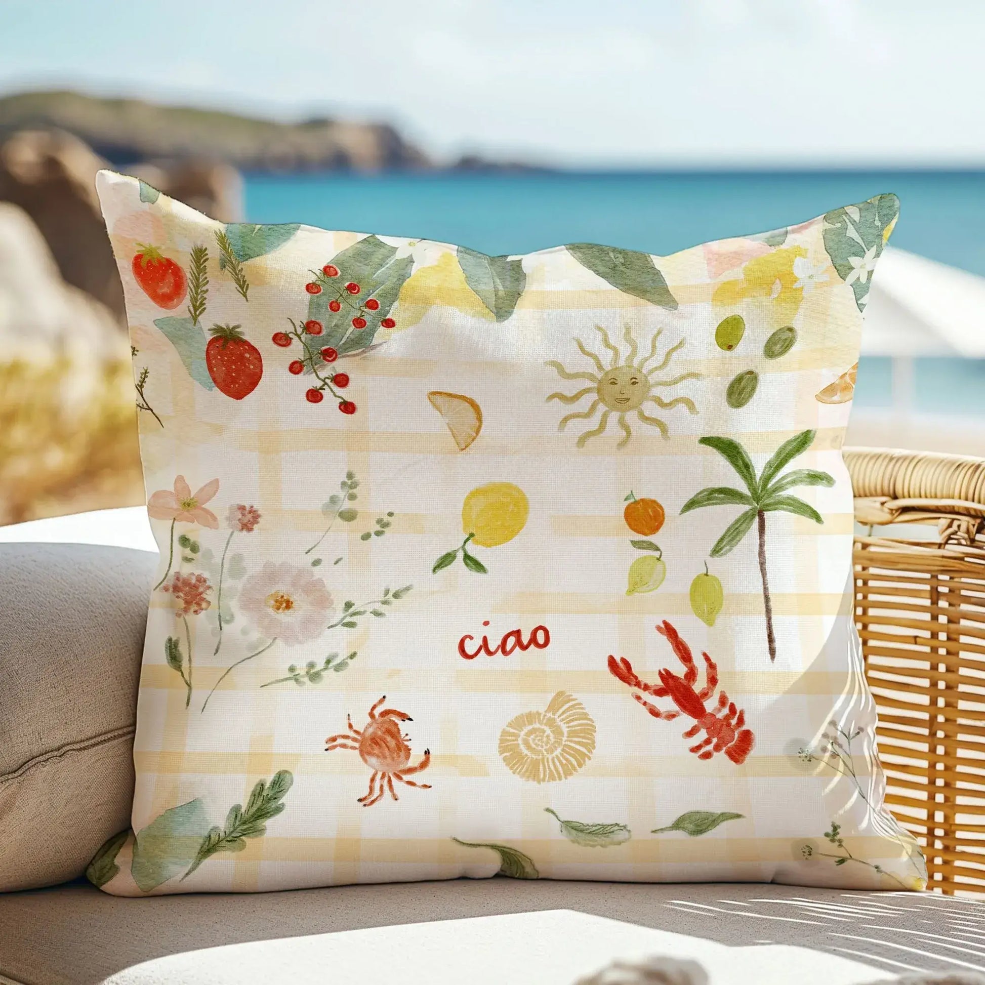 Watercolor Mediterranean Coastal PILLOW & COVER with illustrations of fruits, flowers, seashells, and a 'ciao' greeting.
