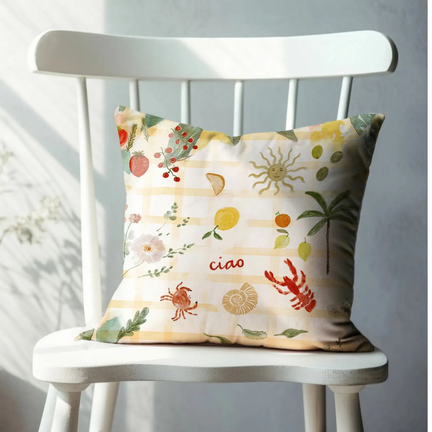Watercolor Mediterranean Coastal PILLOW & COVER featuring hand-painted fruits and crabs, with a cheerful ciao design.