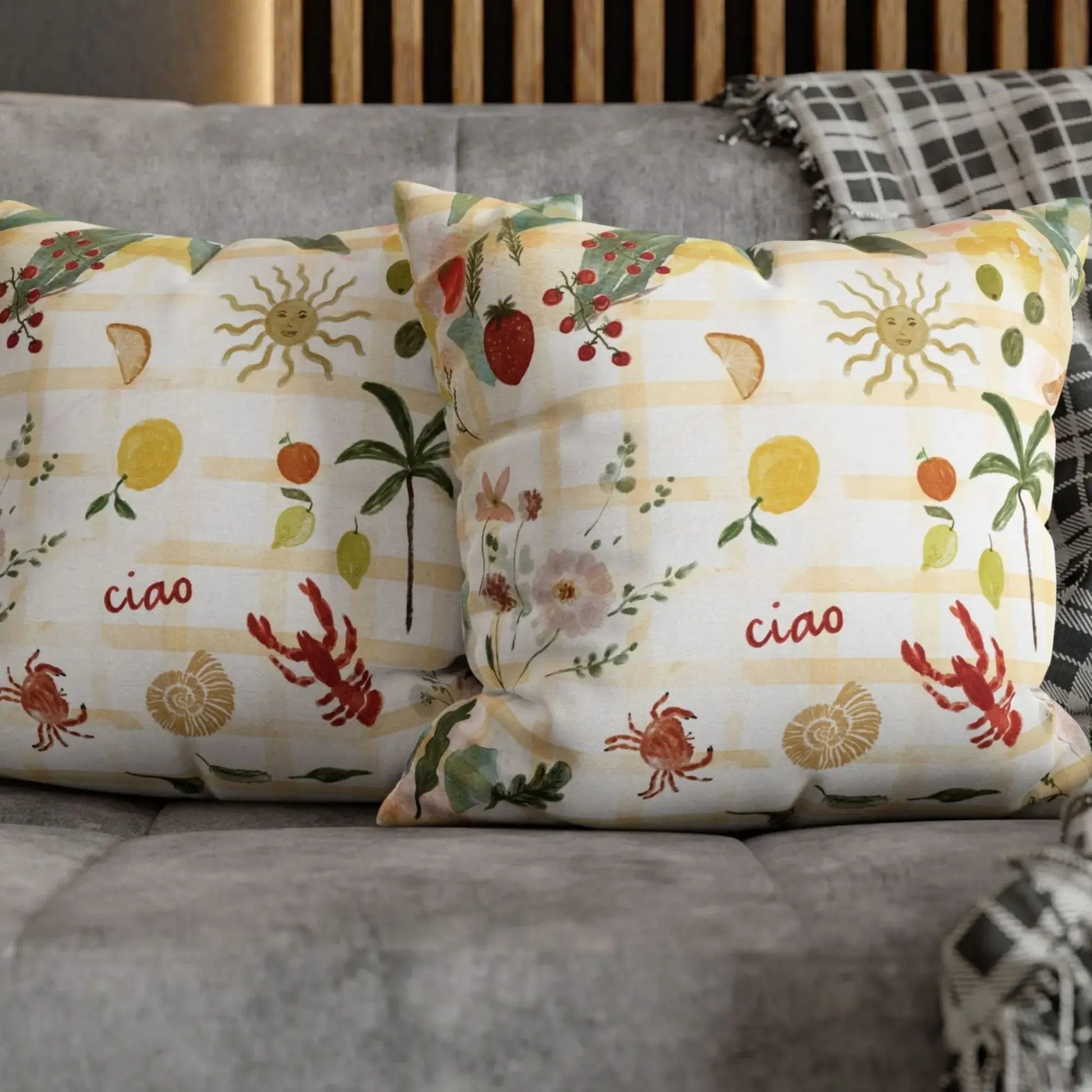 Watercolor Mediterranean Coastal PILLOW & COVER featuring hand-painted coastal designs and cheerful 'ciao' greeting.