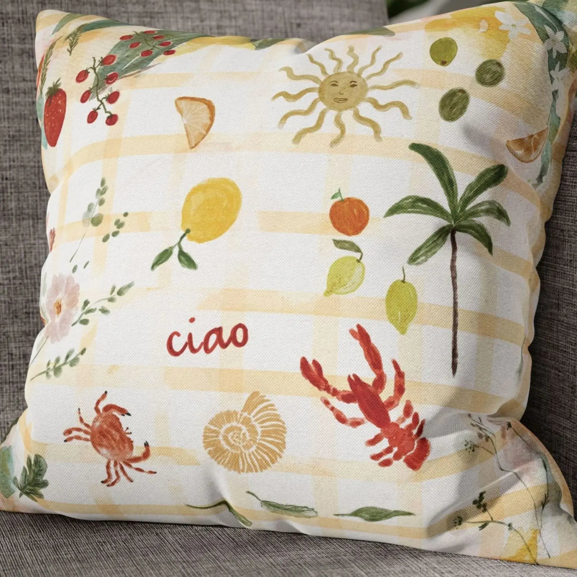 Watercolor Mediterranean Coastal PILLOW & COVER featuring lemons, strawberries, crabs, palm trees, and a cheerful 'ciao' greeting.