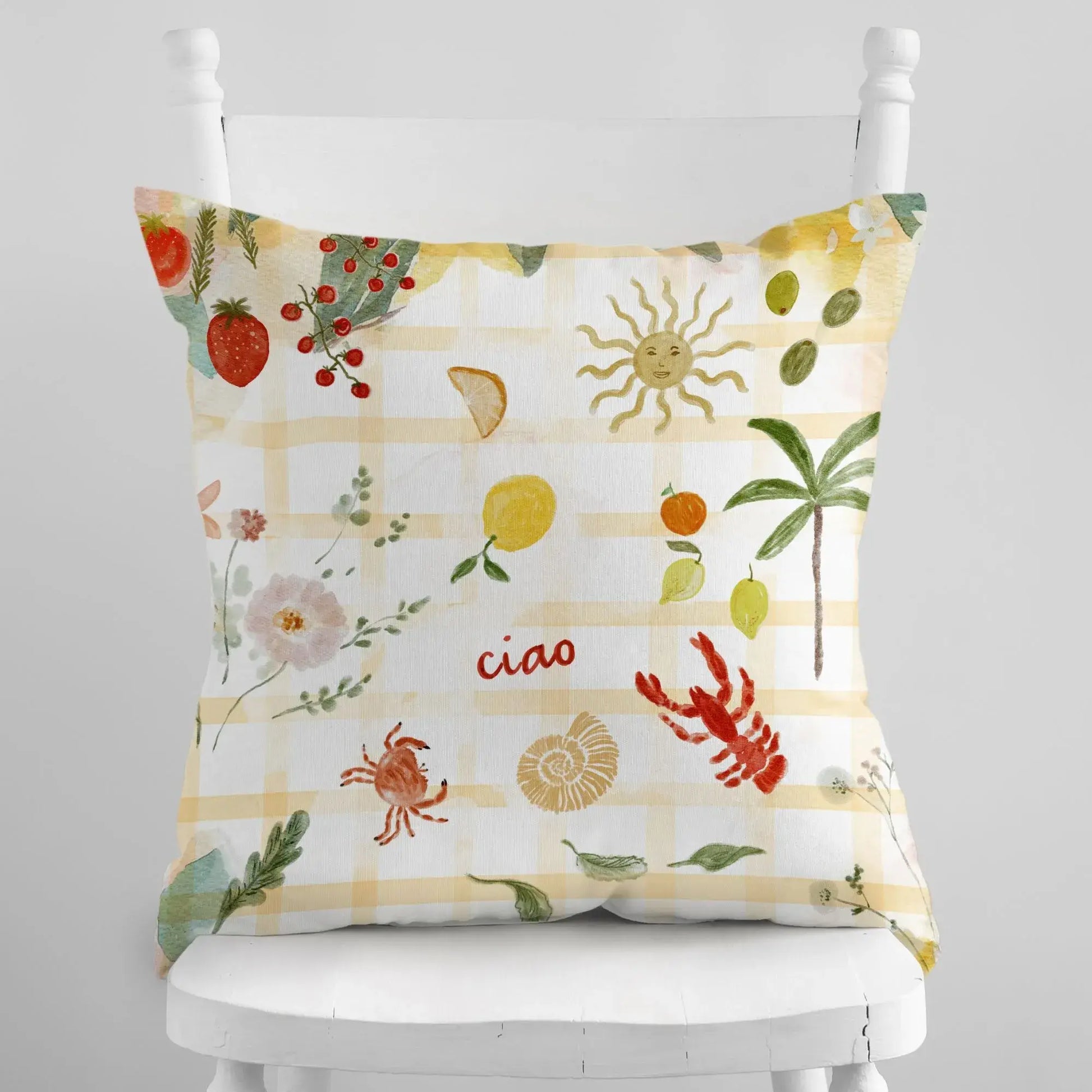Watercolor Mediterranean Coastal PILLOW & COVER featuring hand-painted illustrations of lemons, seashells, and crabs.