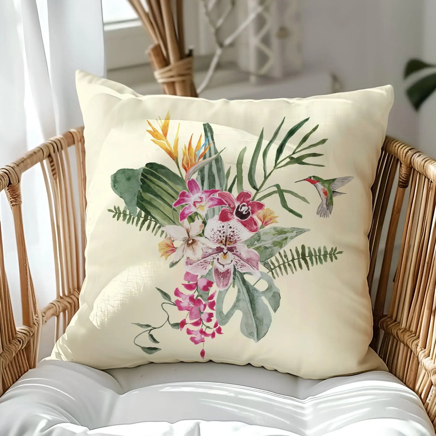 Watercolor Orchid & Hummingbird Pillow featuring vibrant tropical flowers and lush greenery on a cream background.