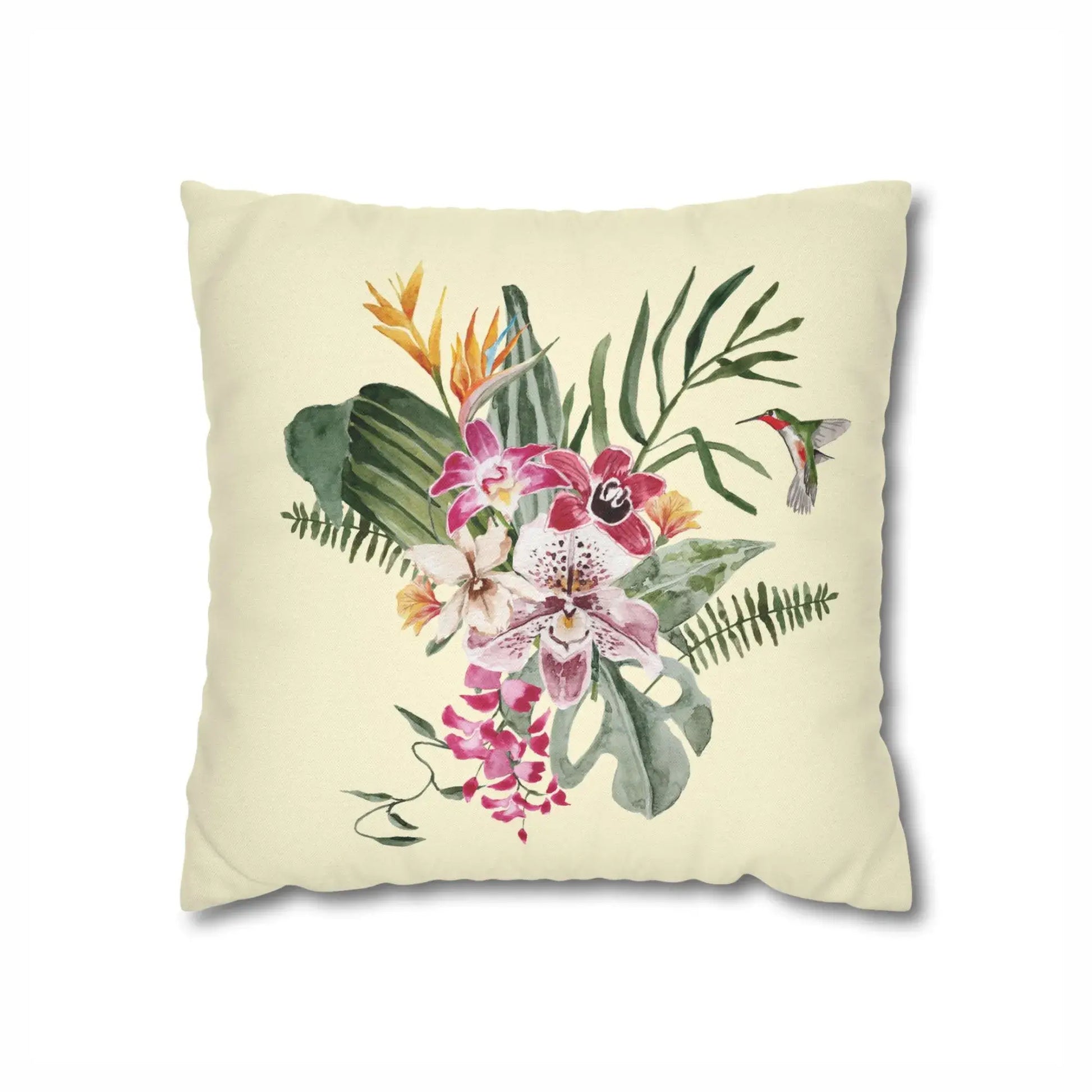 Watercolor Orchid & Hummingbird Pillow featuring orchids and a hummingbird on a soft cream background.