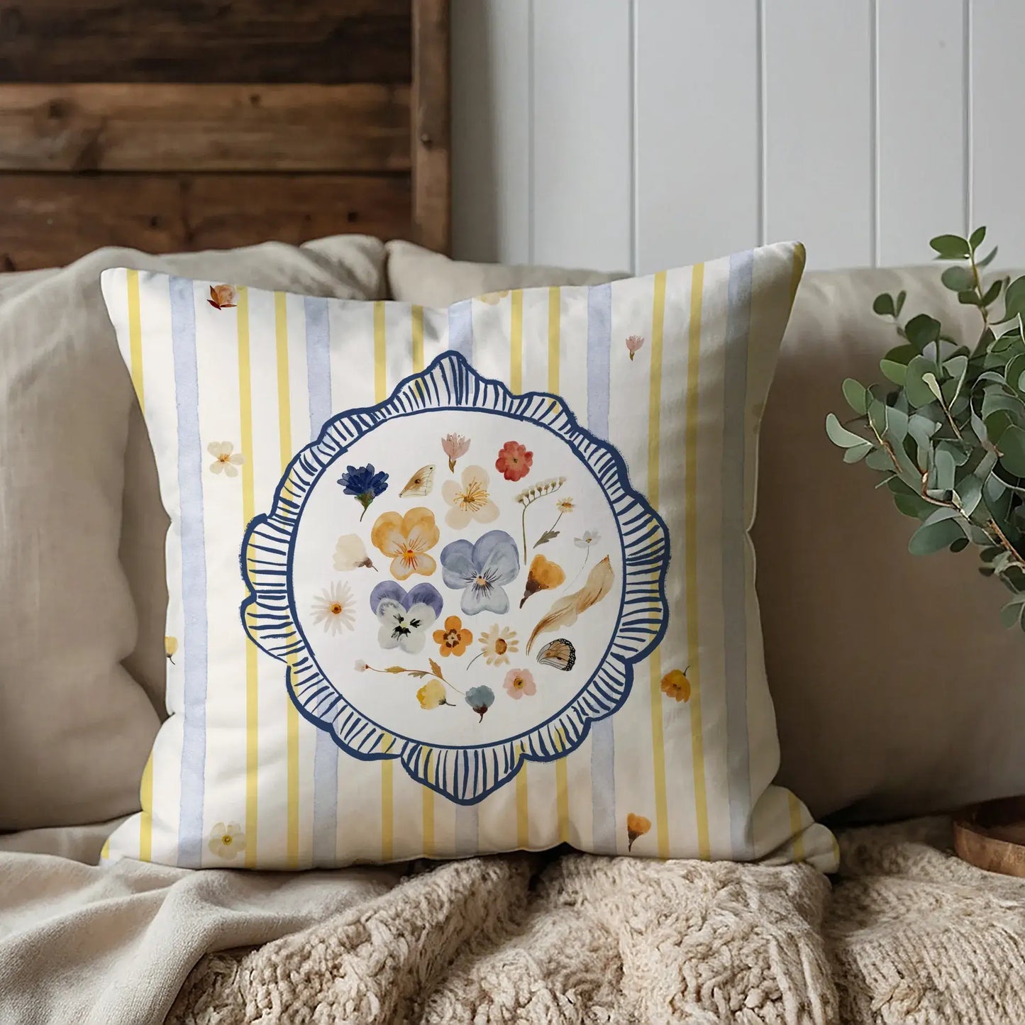 Watercolor Pressed Wildflower Pillow with floral design and striped background, perfect for home decor.