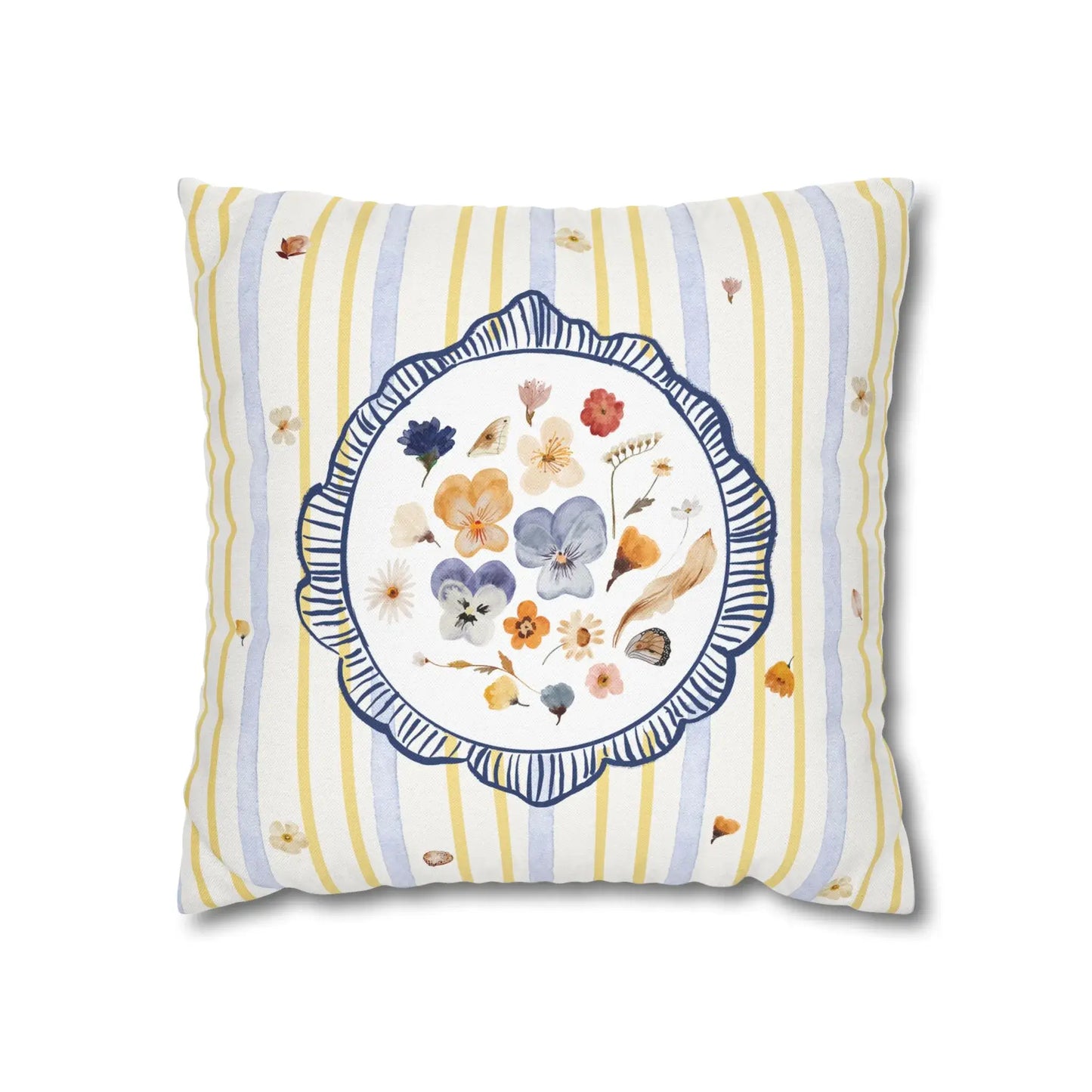 Watercolor Pressed Wildflower Pillow with floral design and striped yellow pattern