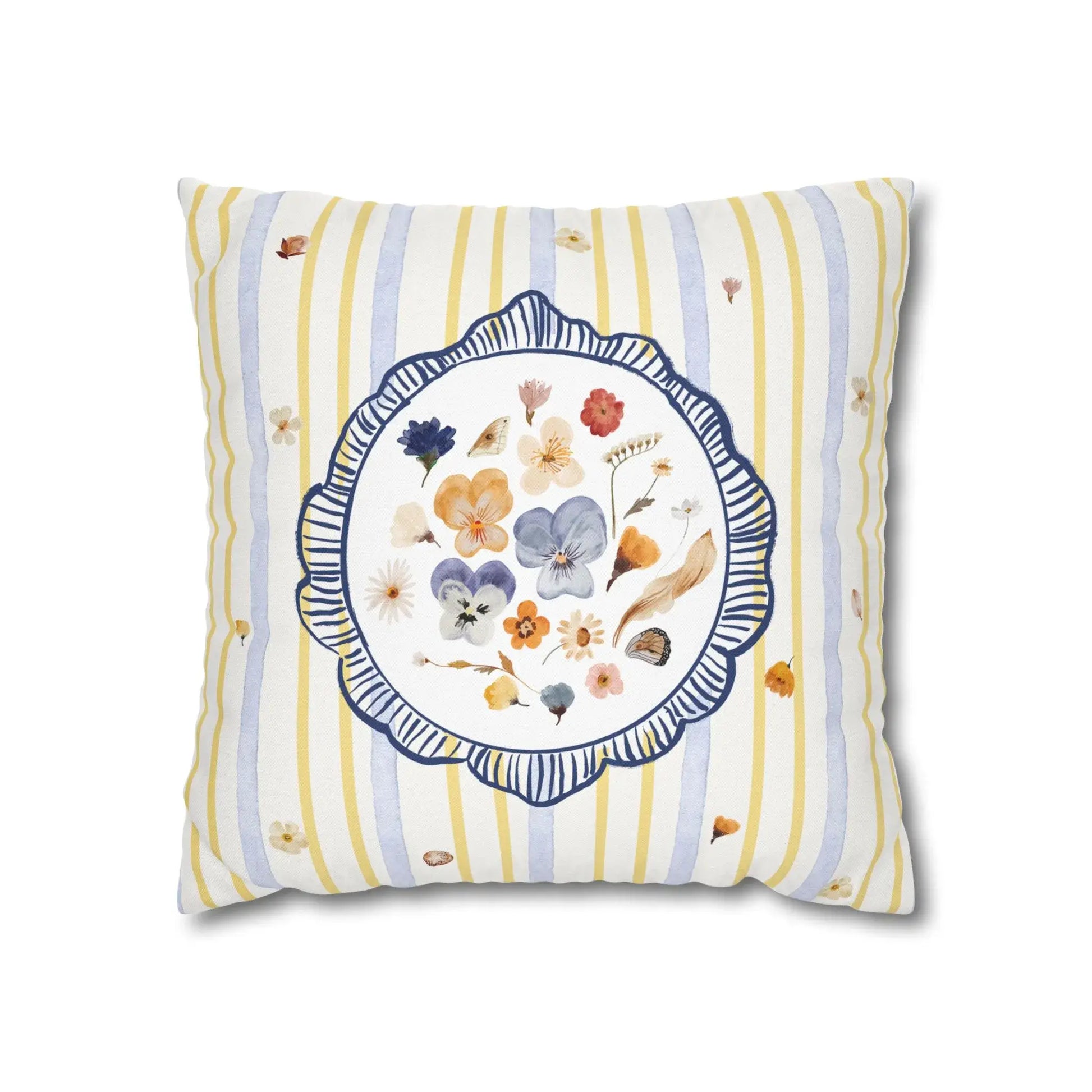 Watercolor Pressed Wildflower Pillow with floral design and striped yellow pattern