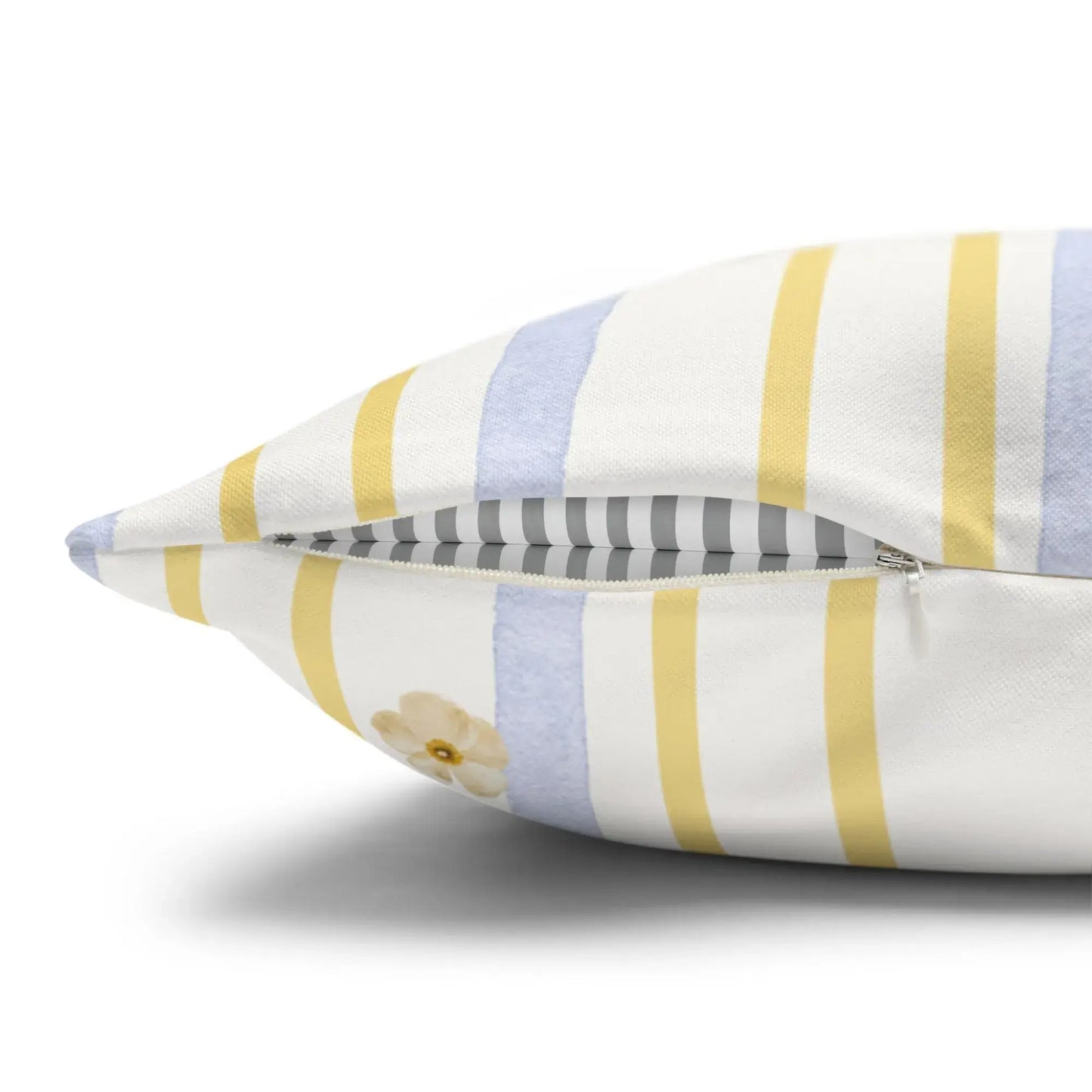 Watercolor Pressed Wildflower Pillow showing zipper and fabric details with blue and yellow stripes