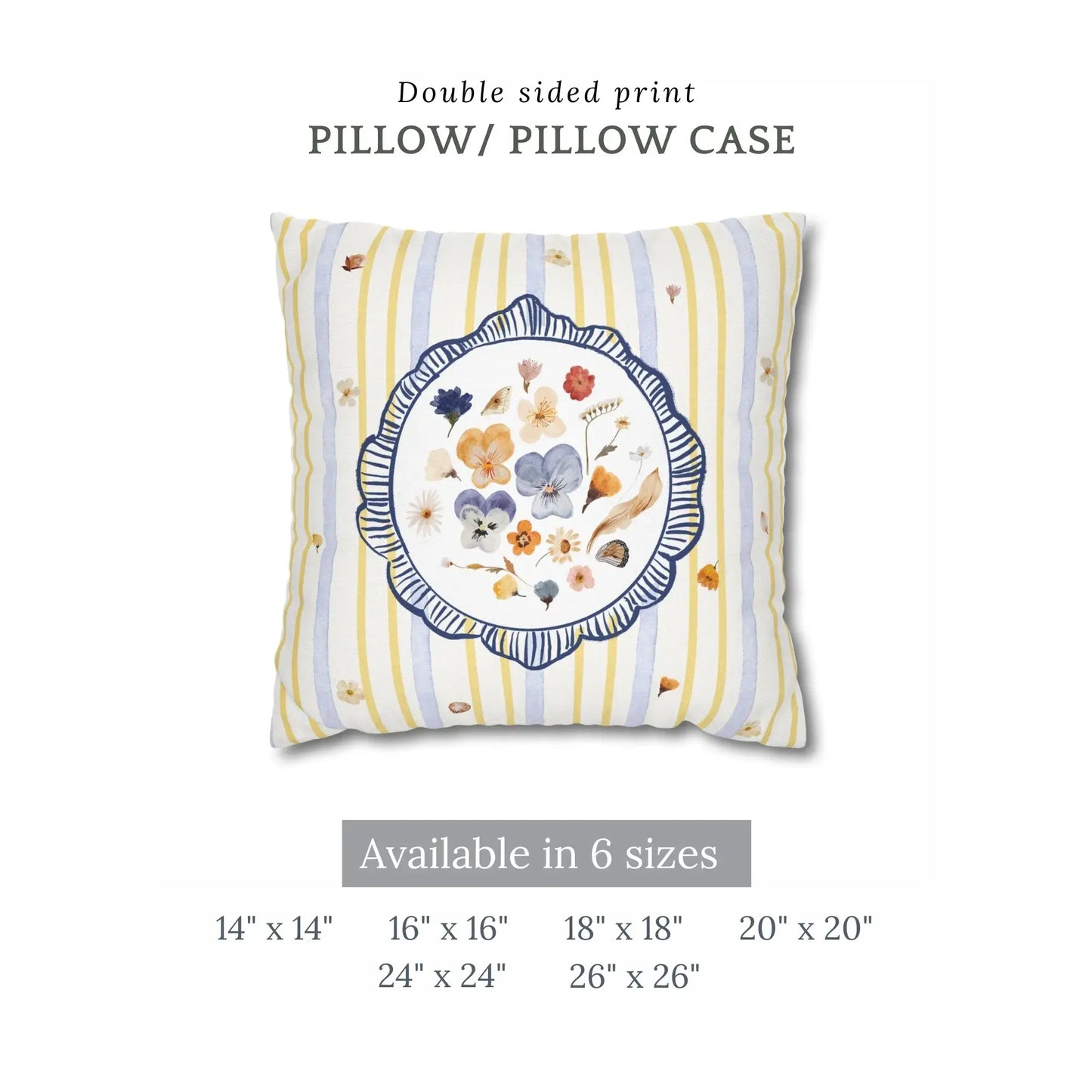 Watercolor Pressed Wildflower Pillow with double sided print and vibrant floral design, available in 6 sizes.
