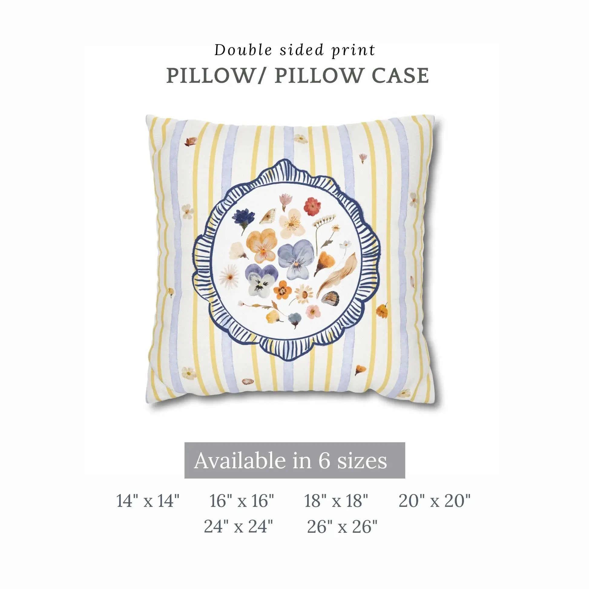 Watercolor Pressed Wildflower Pillow with double sided print and vibrant floral design, available in 6 sizes.