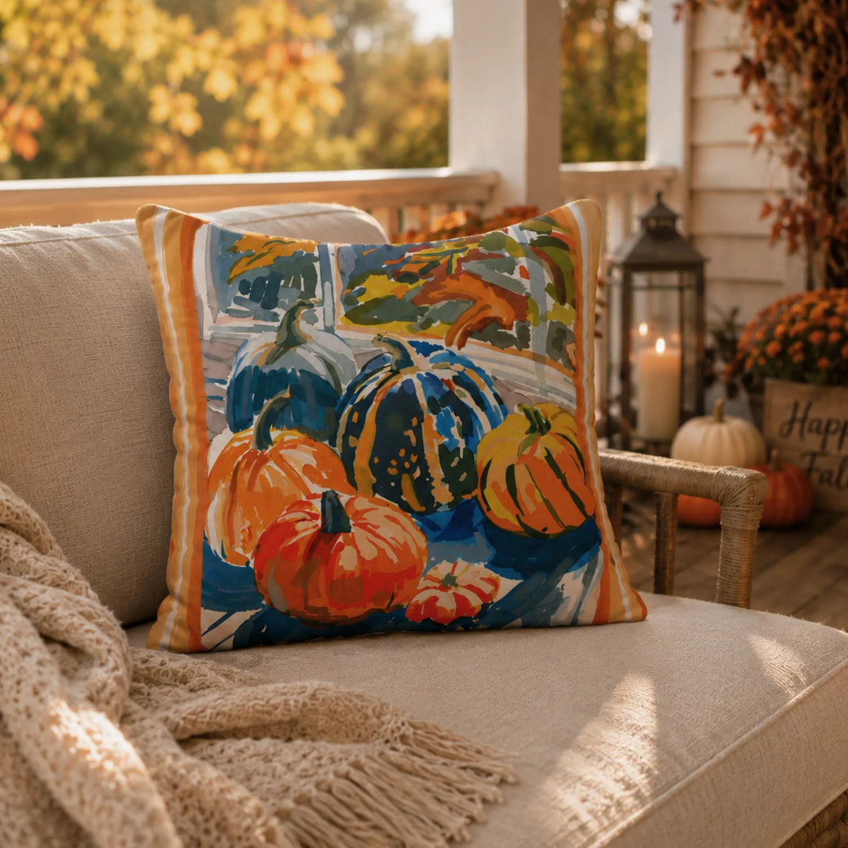 Watercolor Pumpkin OUTDOOR PILLOW | AUTUMN26PLW21 on a cozy outdoor seating area with autumn colors.