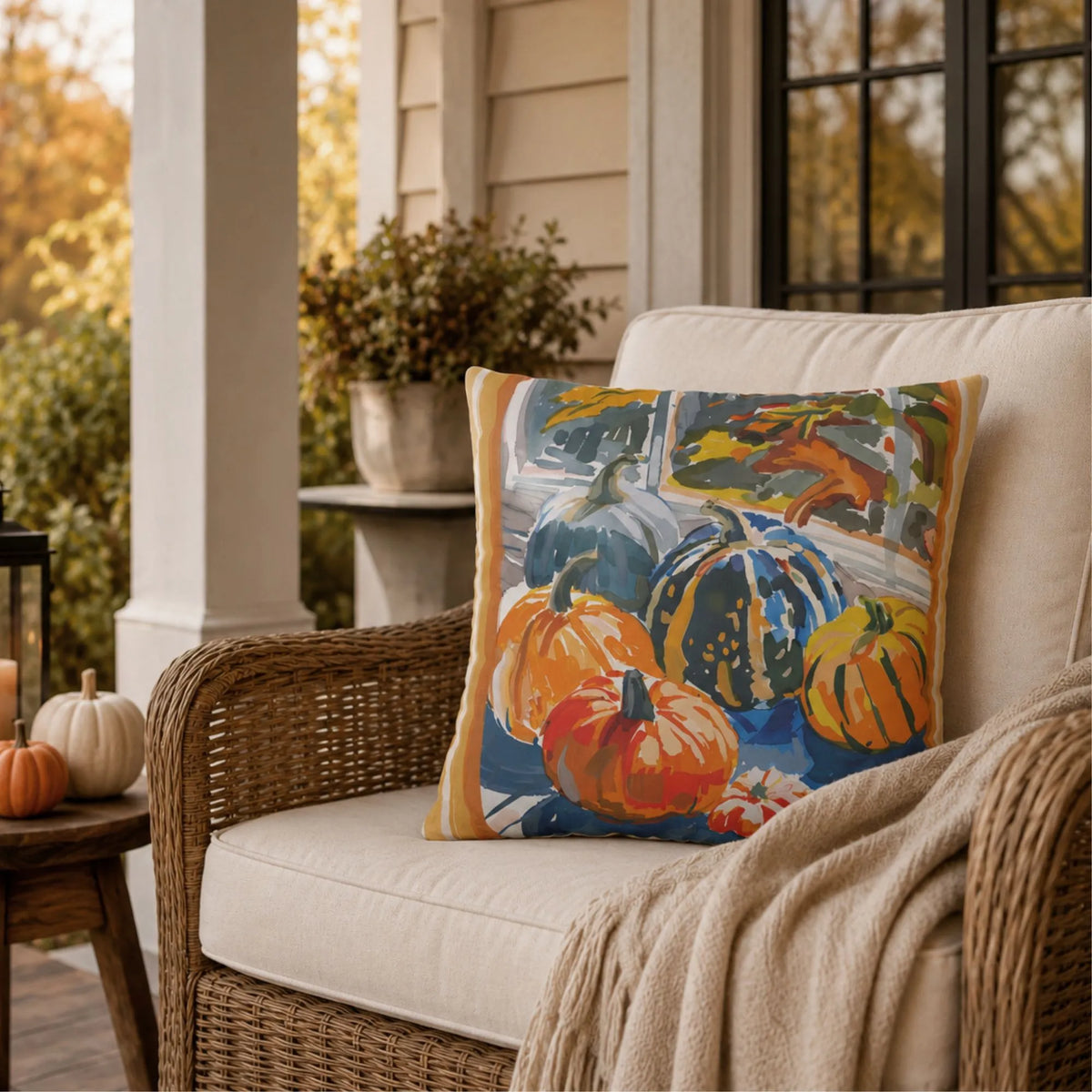 Watercolor Pumpkin OUTDOOR PILLOW | AUTUMN26PLW21 featuring vibrant pumpkins on a cozy porch setting.