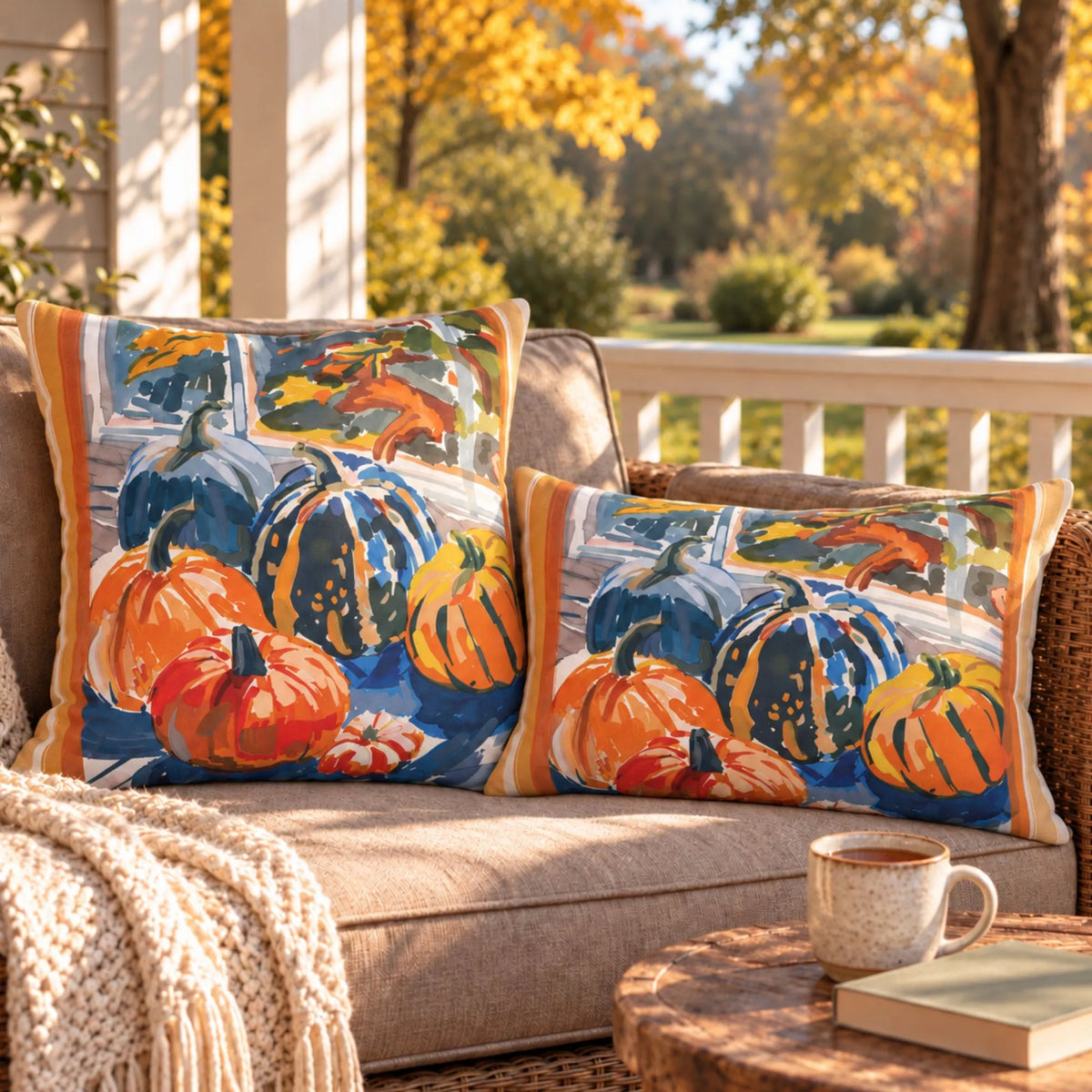 Watercolor Pumpkin OUTDOOR PILLOW | AUTUMN26PLW21 on cozy outdoor seating with colorful pumpkins in autumn setting.