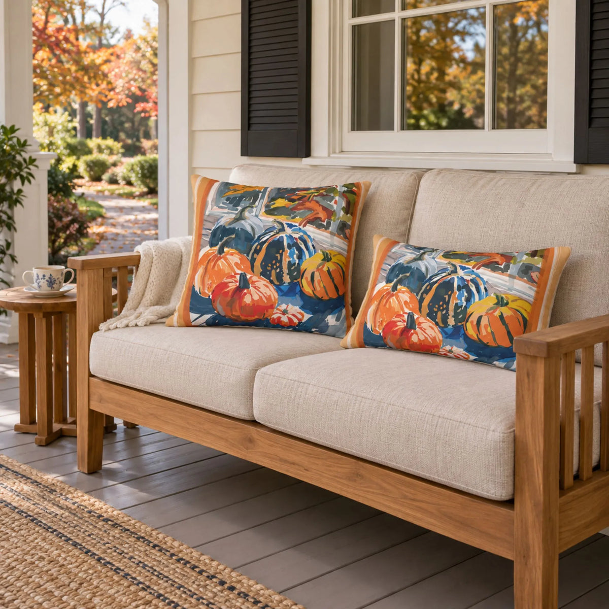 Watercolor Pumpkin OUTDOOR PILLOW | AUTUMN26PLW21 on a cozy porch sofa with autumn decor and pumpkins.