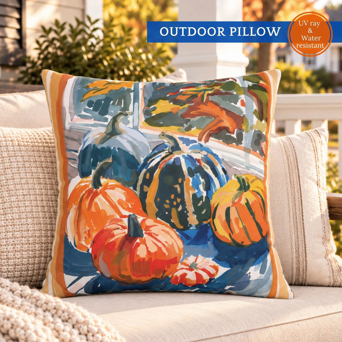 Watercolor Pumpkin OUTDOOR PILLOW | AUTUMN26PLW21 featuring colorful pumpkins, perfect for fall decor on porches or patios.
